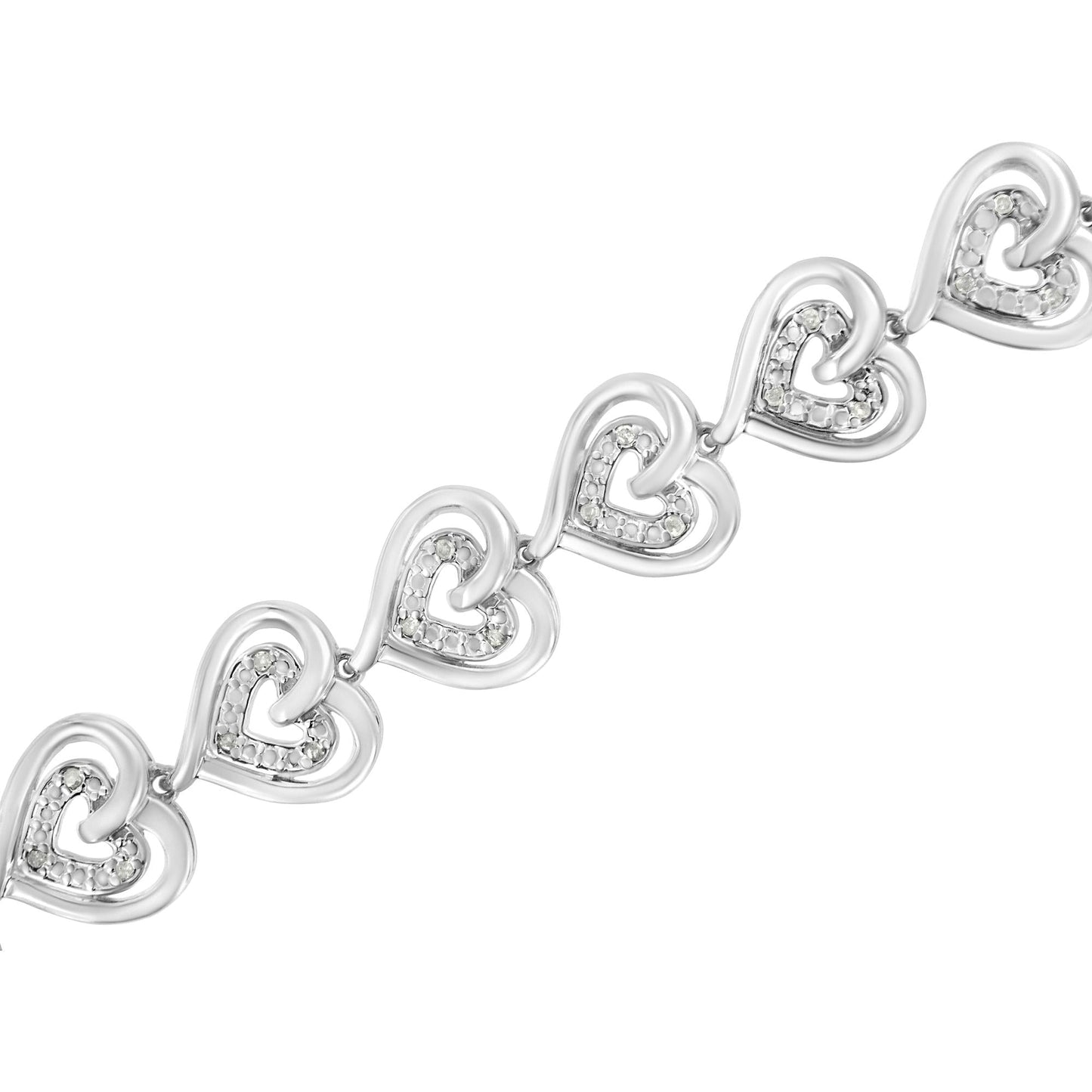 .925 Sterling Silver 1/4 Cttw Round-Cut Diamond Double Heart Link Bracelet (I-J Color, I2-I3 Clarity) - 7.25" Inches