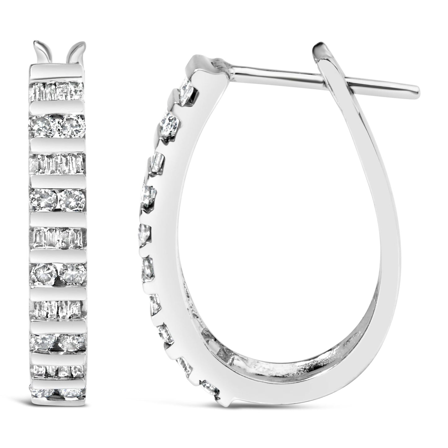 10K White Gold 1.0 Cttw Alternating  Diamond "U" Hoop Earrings (I-J Color, I2-I3 Clarity)