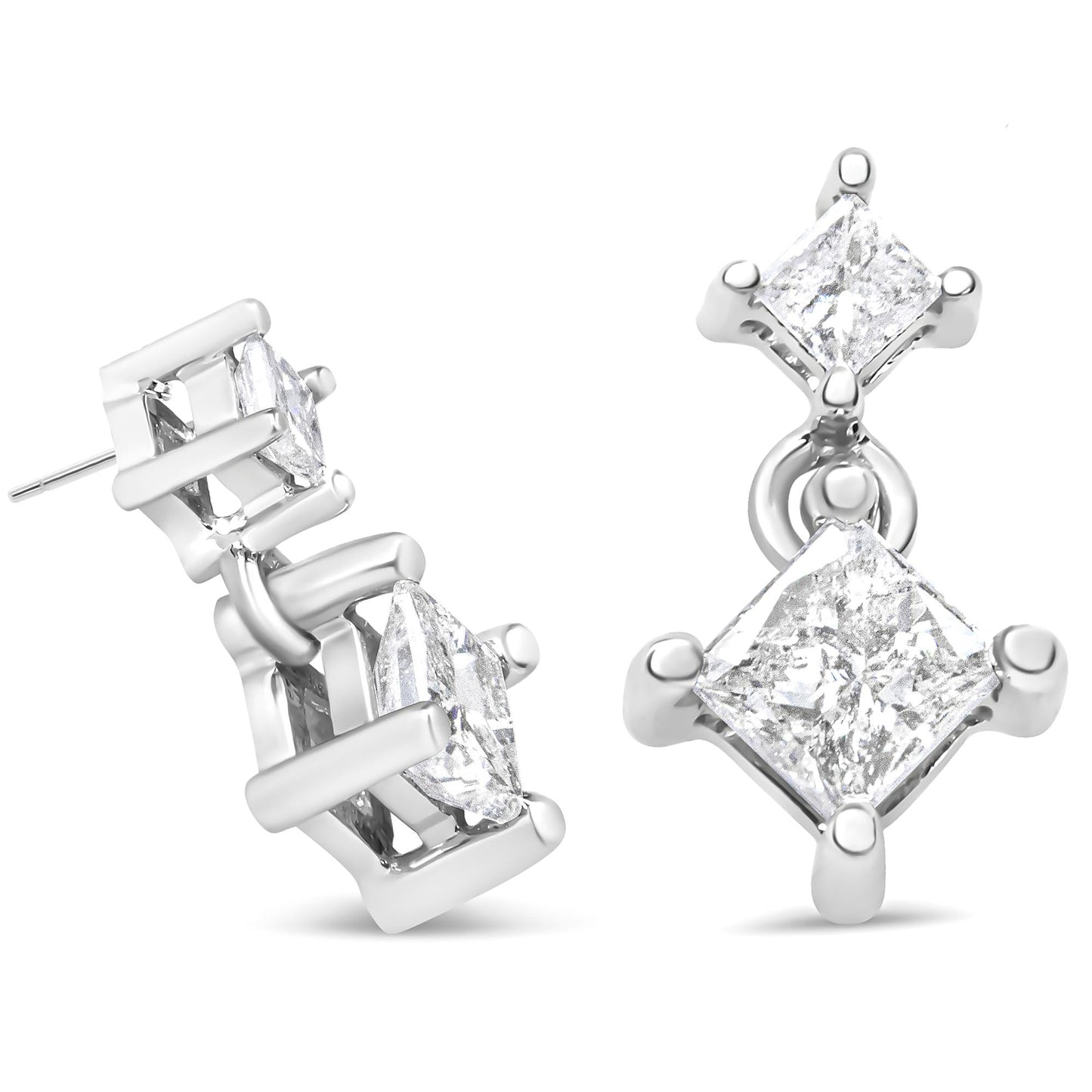14K White Gold 1.0 Cttw Princess-Cut Double Diamond Drop Stud Earrings  for Women (H-I Color, I1-I2 Clarity)