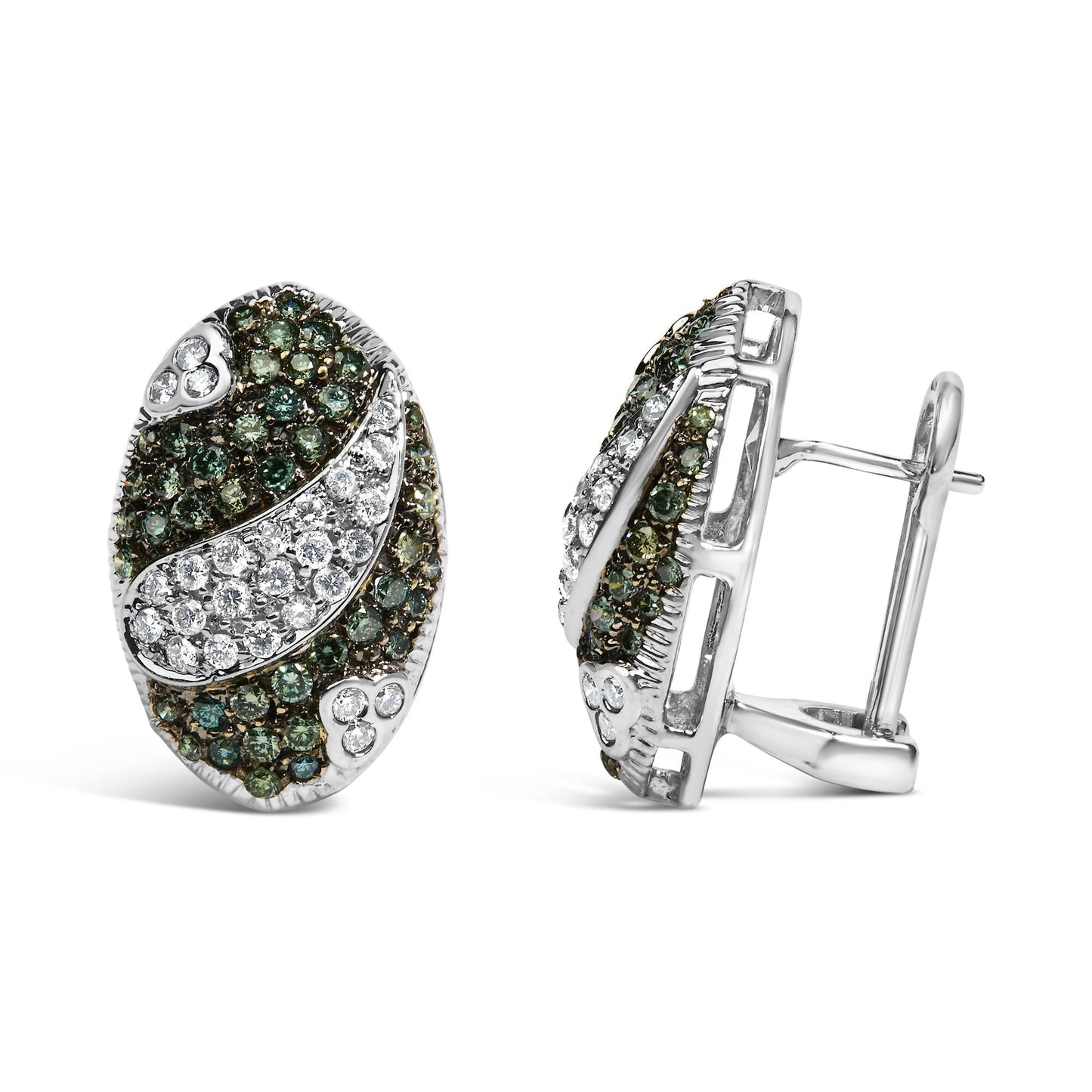 14K White Gold 2.00 Cttw White and Treated Blue Diamond Oval Shield Omega Back Earrings (H-I Color, SI1-SI2 Clarity)