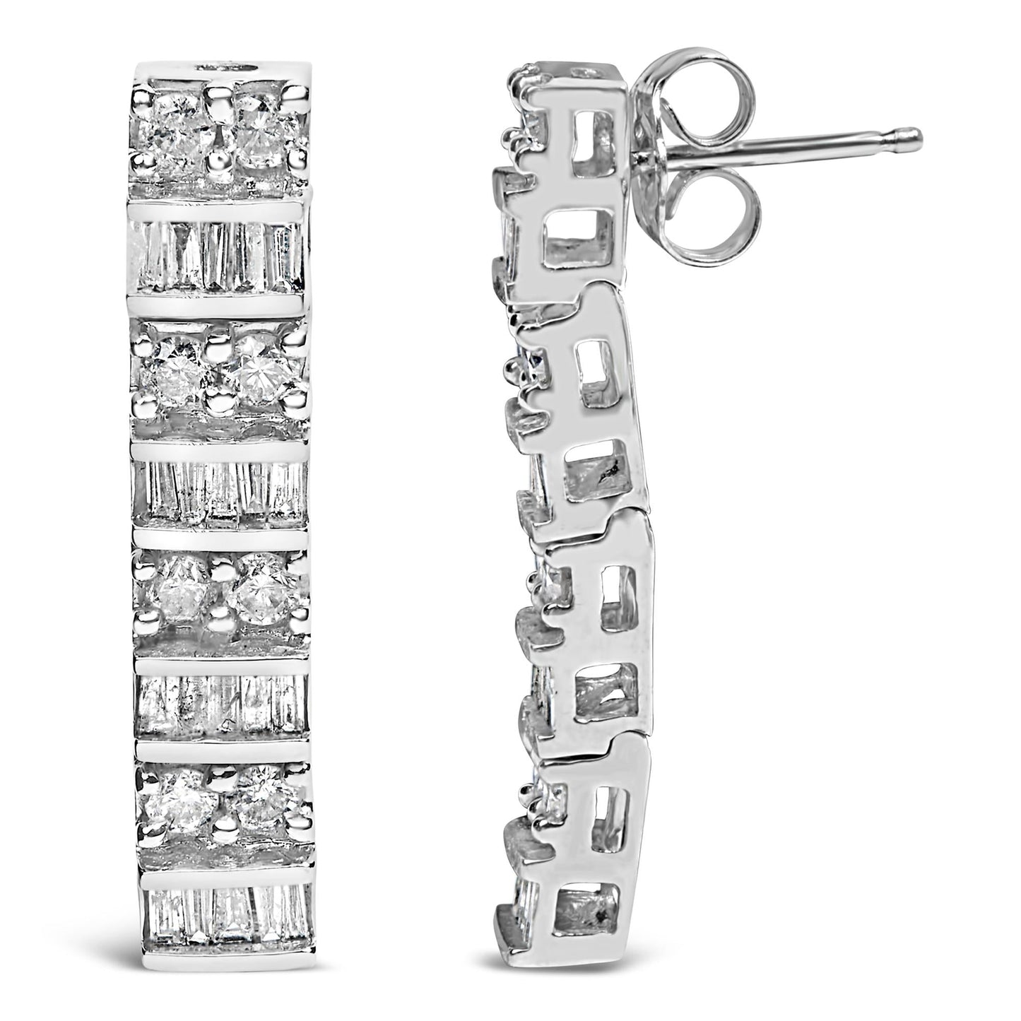 14K White Gold 1 1/3 Cttw Alternating Round And Baguette Diamond Drop Earrings (H-I Color, SI2-I1 Clarity)