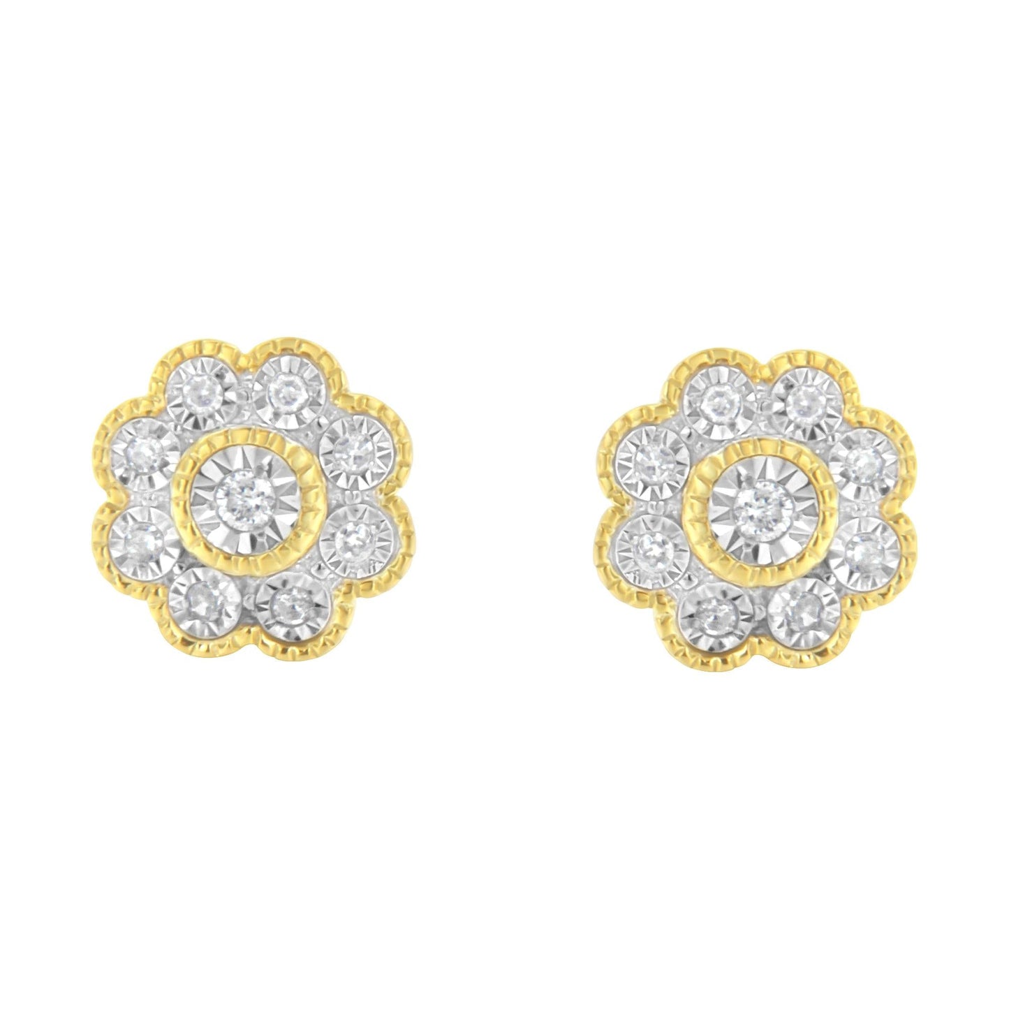 14K Yellow Gold Plated .925 Sterling Silver 1/6 Cttw Miracle-Plate Set Diamond Floral Stud Earrings (I-J Color, I2-I3 Clarity)