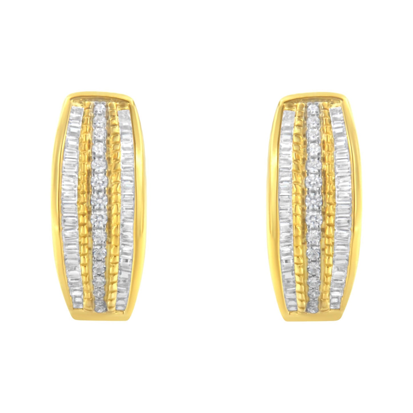 10K Yellow Gold 3/4 Cttw Pave and Channel Set Diamond Triple Row Modern Hoop Earrings (I-J Color, I2-I3 Clarity)