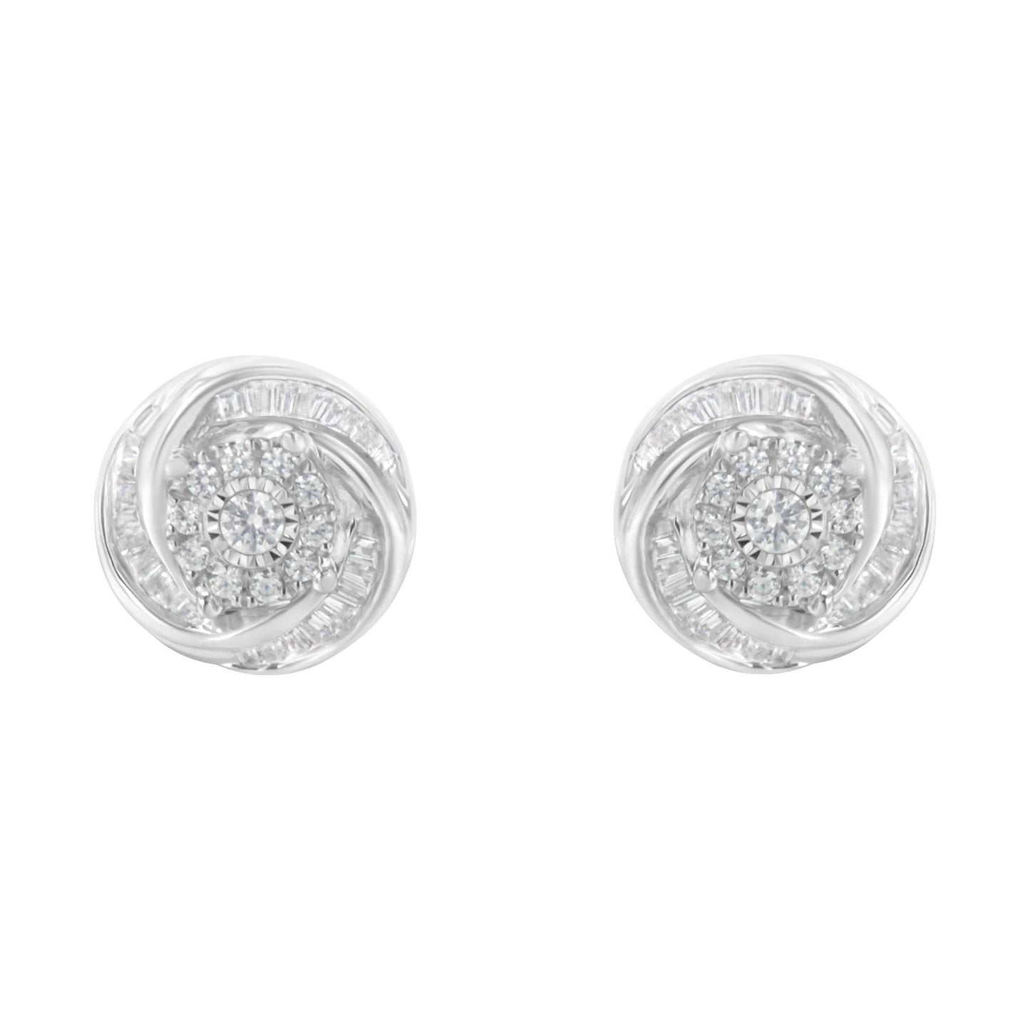 .925 Sterling Silver 3/4 Cttw Round and Baguette-Cut Diamond Love Knot Stud Earring (I-J Color, I2-I3 Clarity)