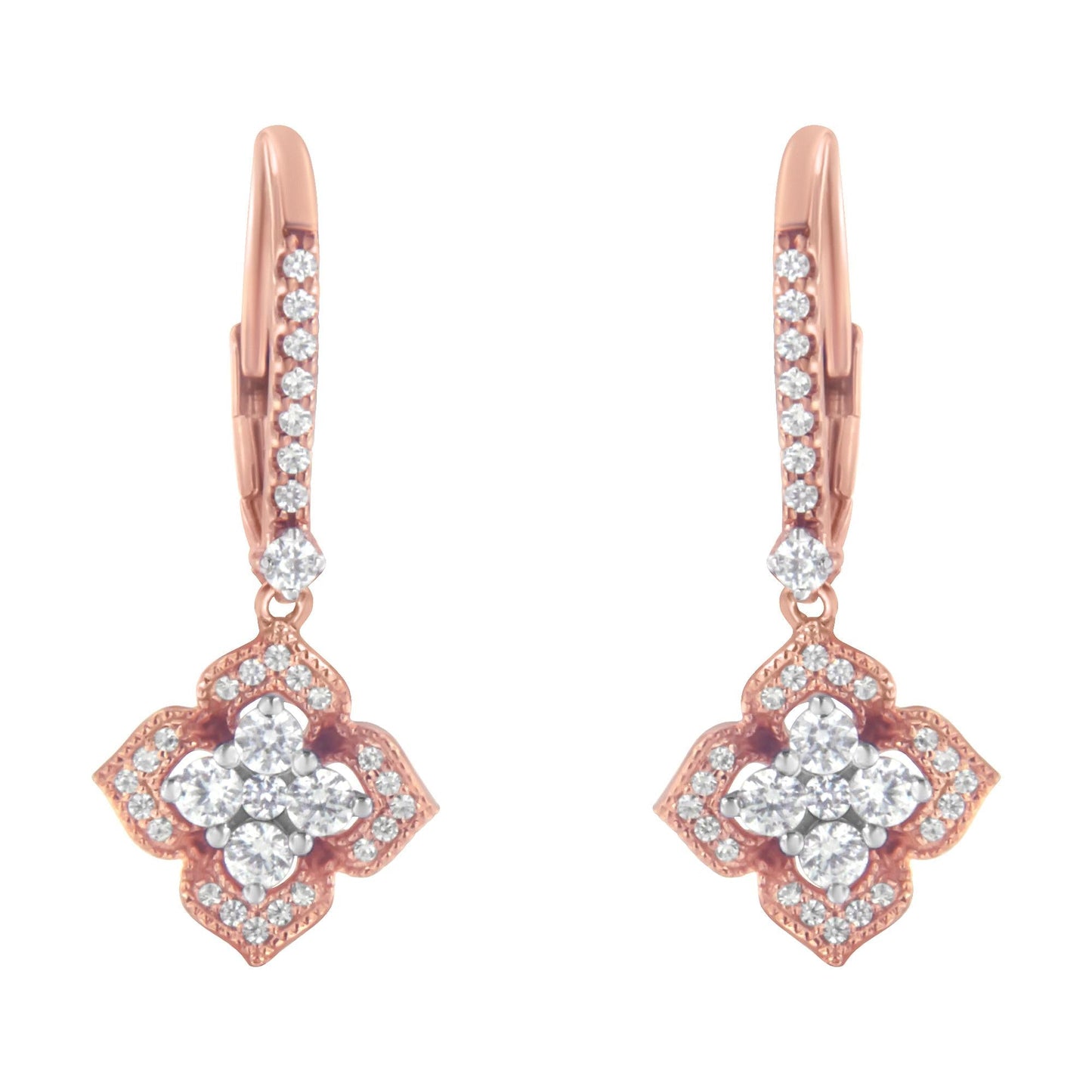 10K Rose Gold 3/4 Cttw Diamond Flower Drop Dangle Earring (I-J Color, I1-I2 Clarity)