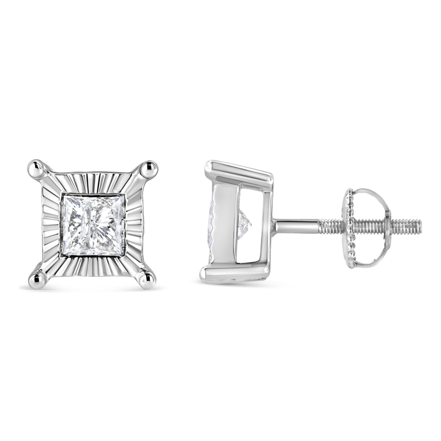 .925 Sterling Silver Miracle Set Princess-cut Diamond Solitaire Stud Earrings (H-I Color, I2-I3 Clarity)