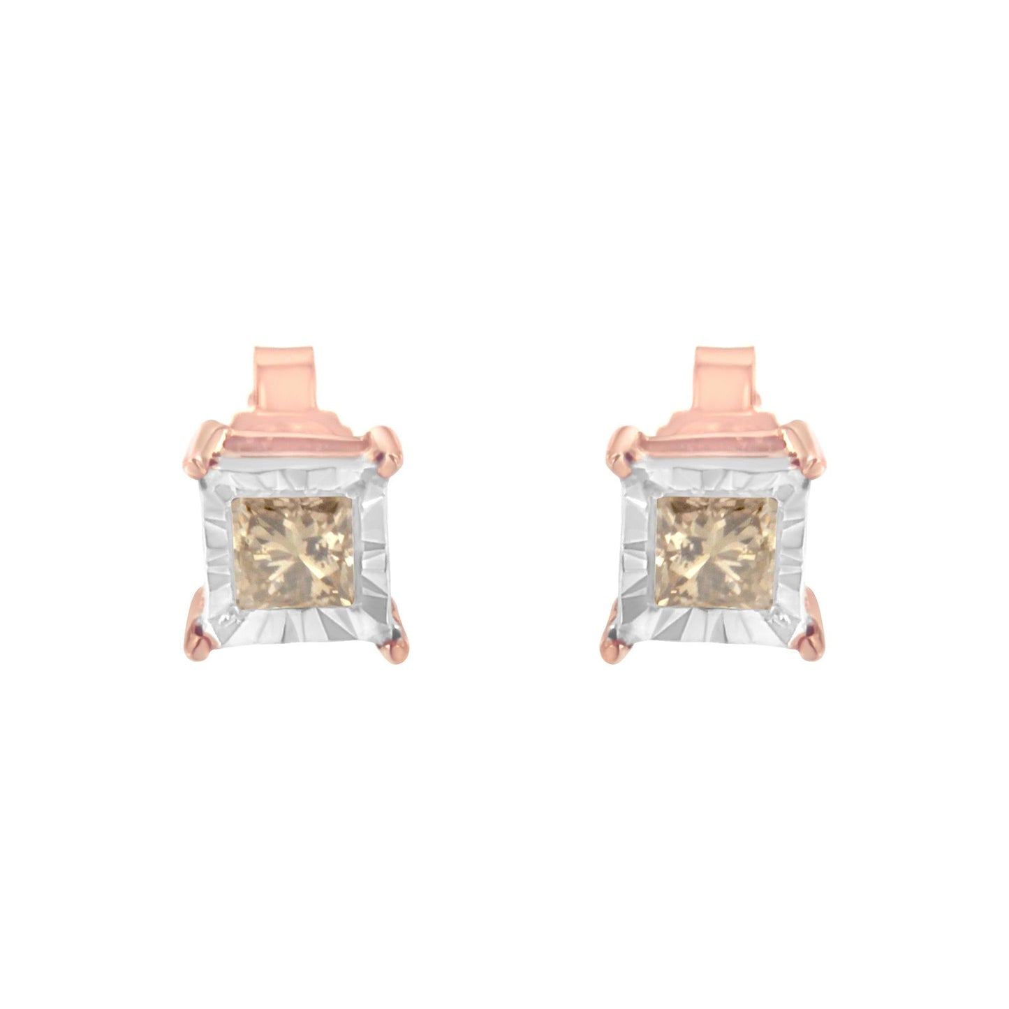 14K Rose Gold Plated Two-Tone .925 Sterling Silver 1/2 Cttw Princess-Cut Square Diamond Solitaire Miracle-Plate Stud Earrings (K-L Color, I2-I3 Clarity)