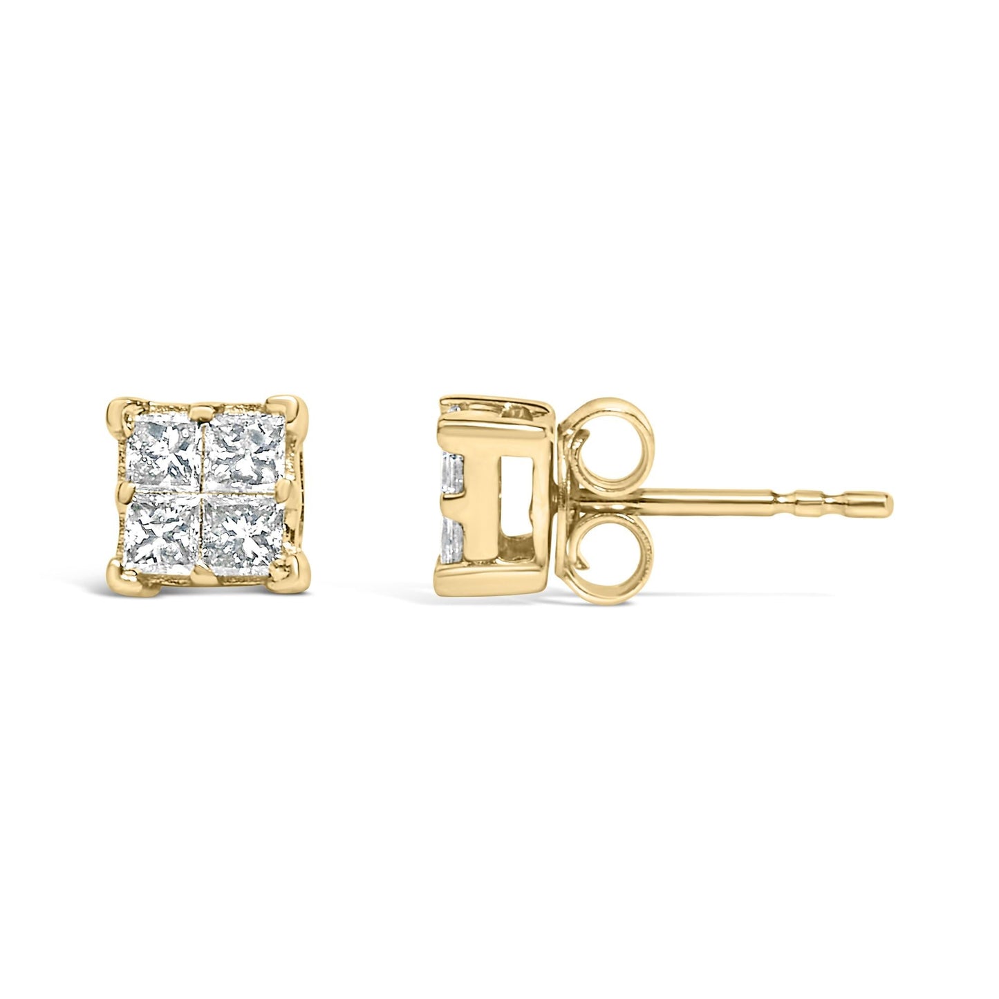 14K Yellow Gold 1/2 Cttw Invisible Set Princess Diamond Composite Square Stud Earring (K-L Color, SI1-SI2 Clarity)