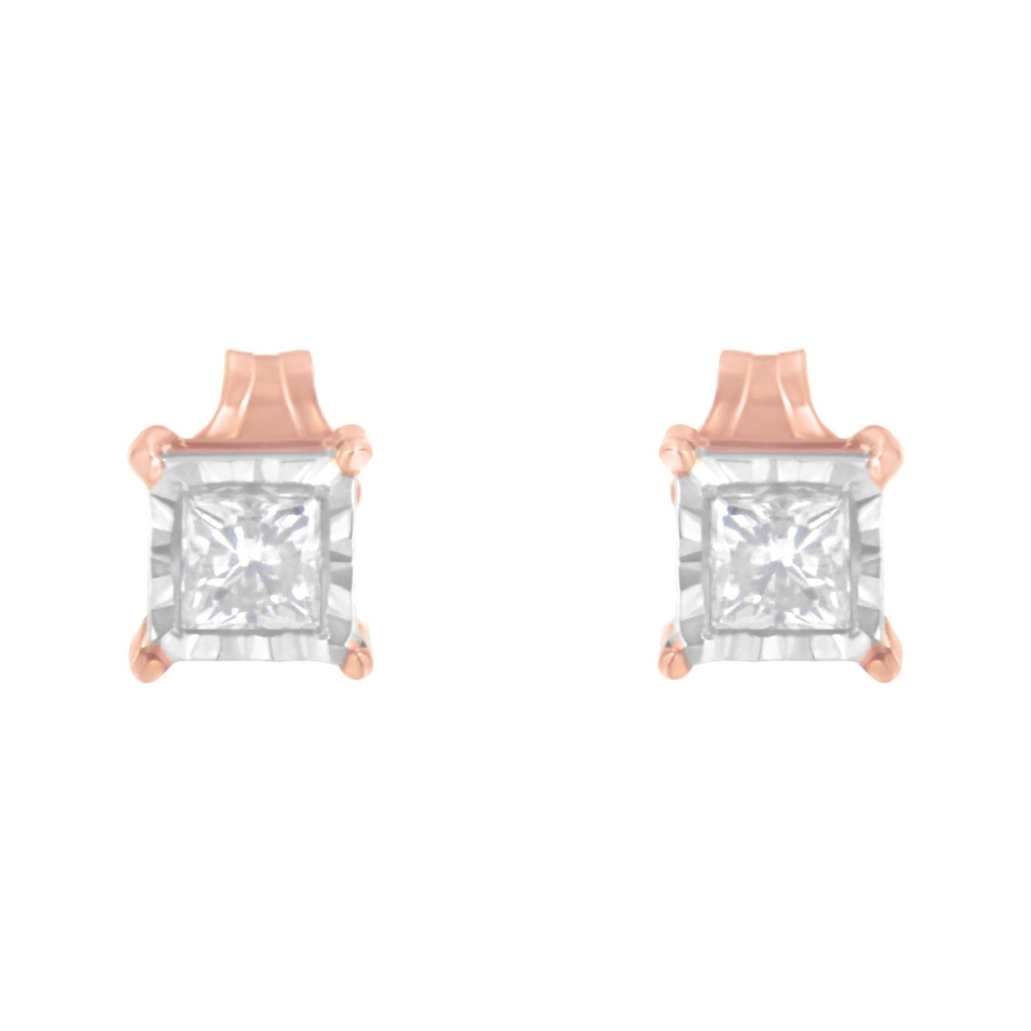 14K Rose Gold Plated Two-Tone .925 Sterling Silver 1/2 Cttw Princess-Cut Square Near Colorless Diamond Solitaire Miracle-Plate Stud Earrings (J-K Color, I2-I3 Clarity)