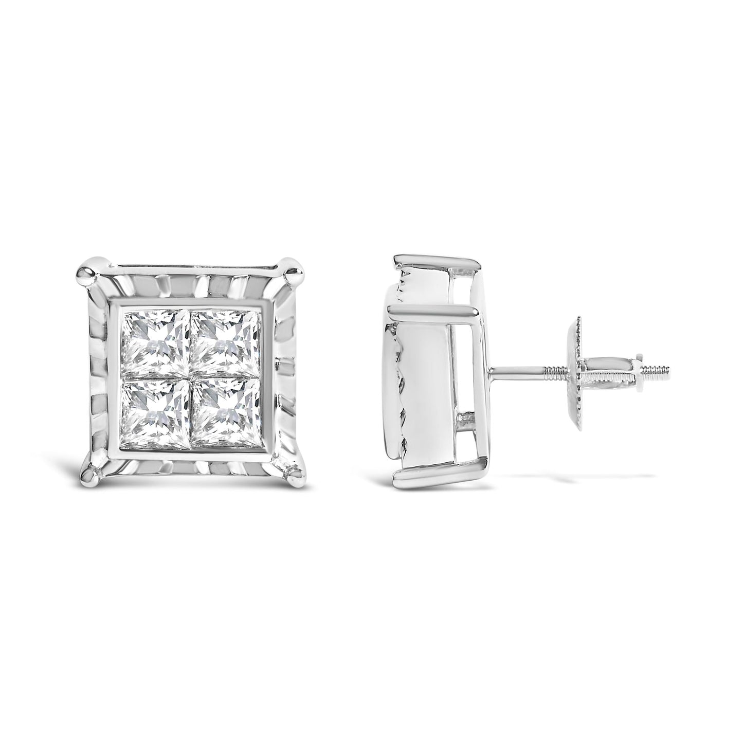 14K White Gold 2.00 Cttw Invisible Set Princess-Cut Lab Grown Diamond Wavy Quad Stud Earrings
