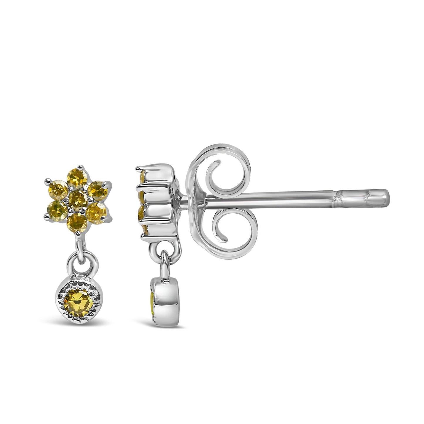 .925 Sterling Silver 1/10 Cttw Yellow Diamond Star Stud with Bezel Drop Dangle Earrings (Yellow Color, I2-I3 Clarity)