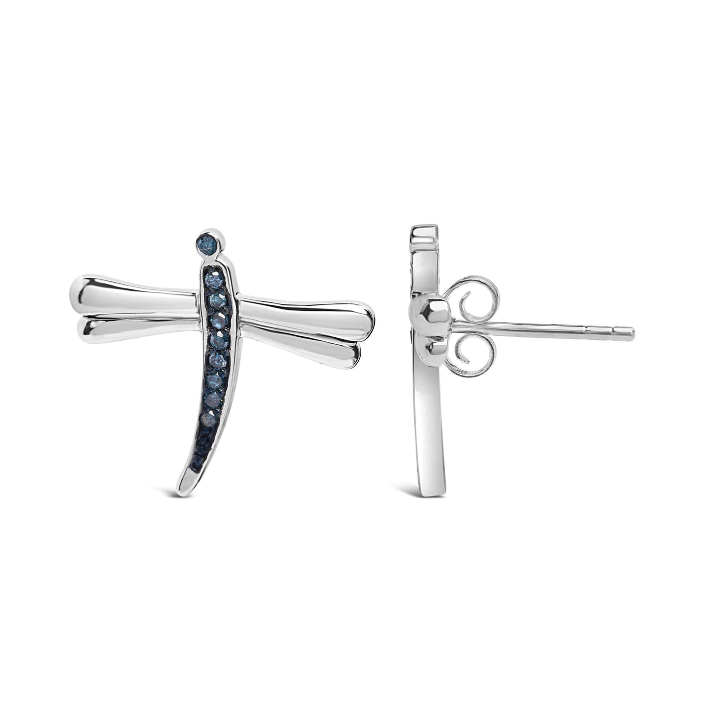 .925 Sterling Silver Blue Diamond Accent Dragonfly Stud Earrings (Blue Color, I2-I3 Clarity)
