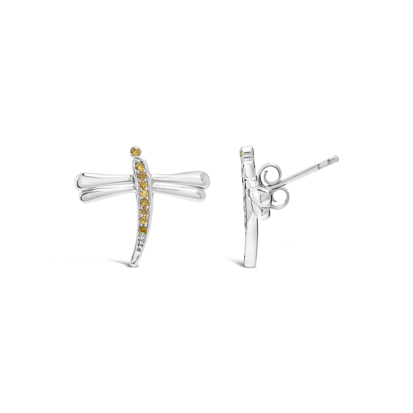 .925 Sterling Silver Yellow Diamond Accent Dragonfly Stud Earrings (Yellow Color, I2-I3 Clarity)