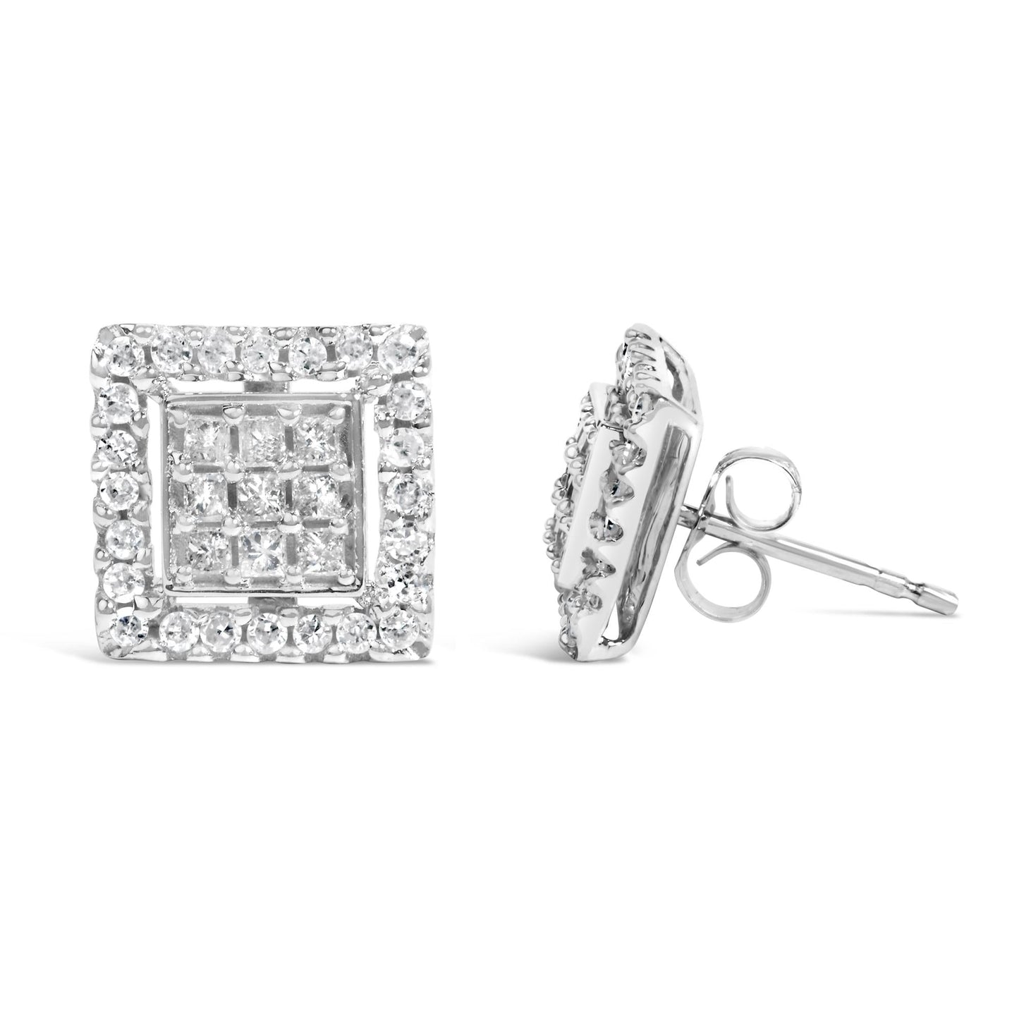 10K White Gold 3/4 Cttw Princess Diamond Composite and Halo Stud Earring (H-I Color, SI2-I1 Clarity)