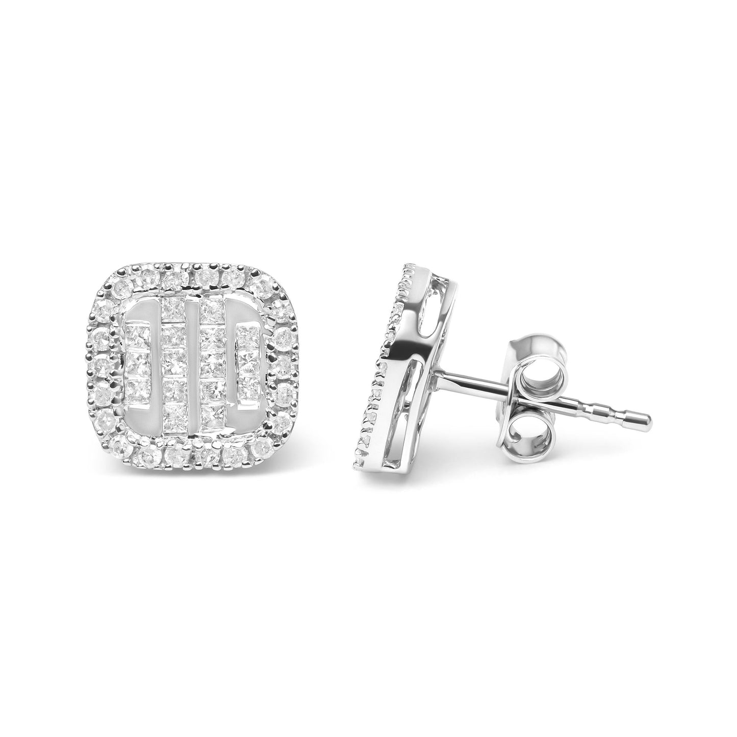 10K White Gold 7/8 Cttw Diamond Princess Composite and Halo Stud Earrings (I-J Color, I1-I2 Clarity)