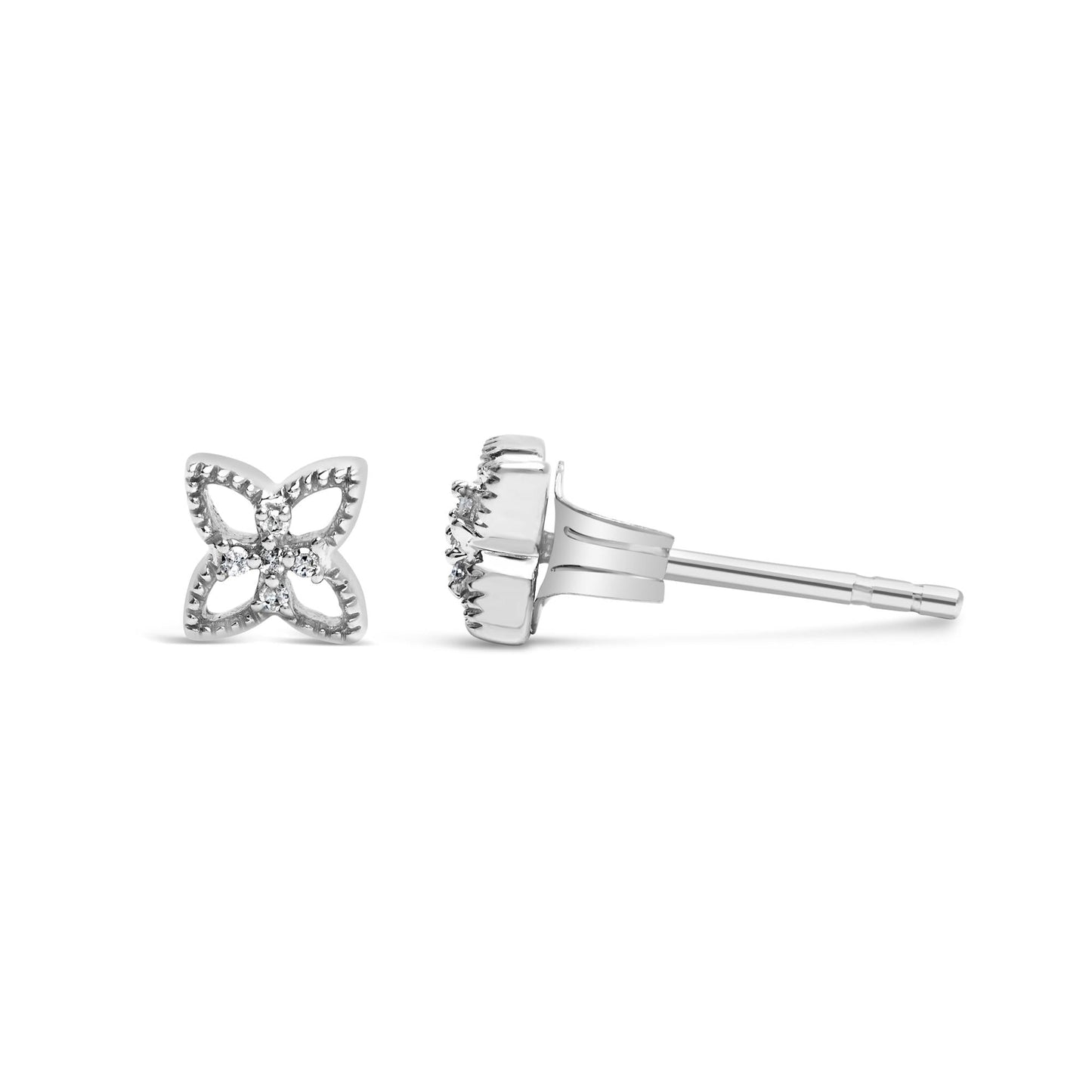 925 Sterling Silver Diamond Accent 4 Petal Flower Stud Earring (H-I Color, I1-I2 Clarity)
