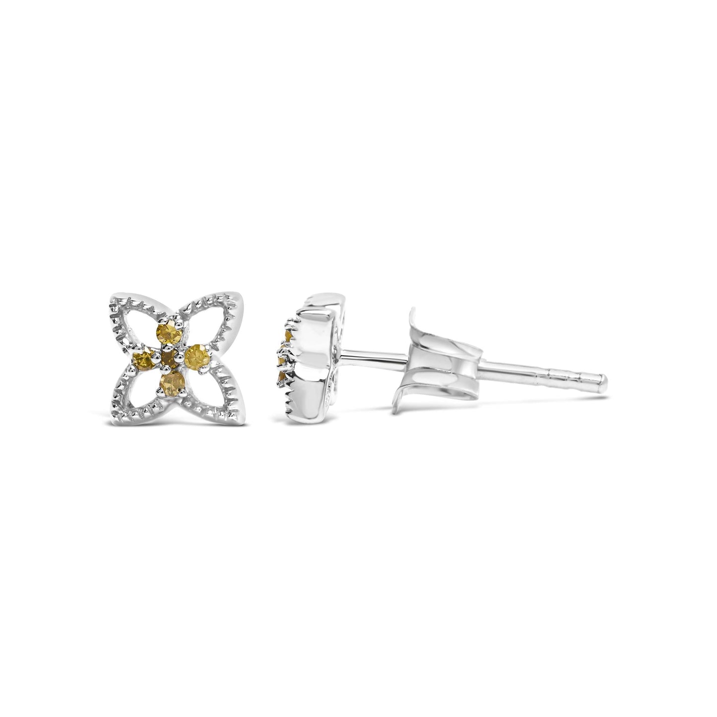 925 Sterling Silver Yellow Diamond Accent 4 Petal Flower Stud Earring (Yellow Color, SI1-SI2 Clarity)