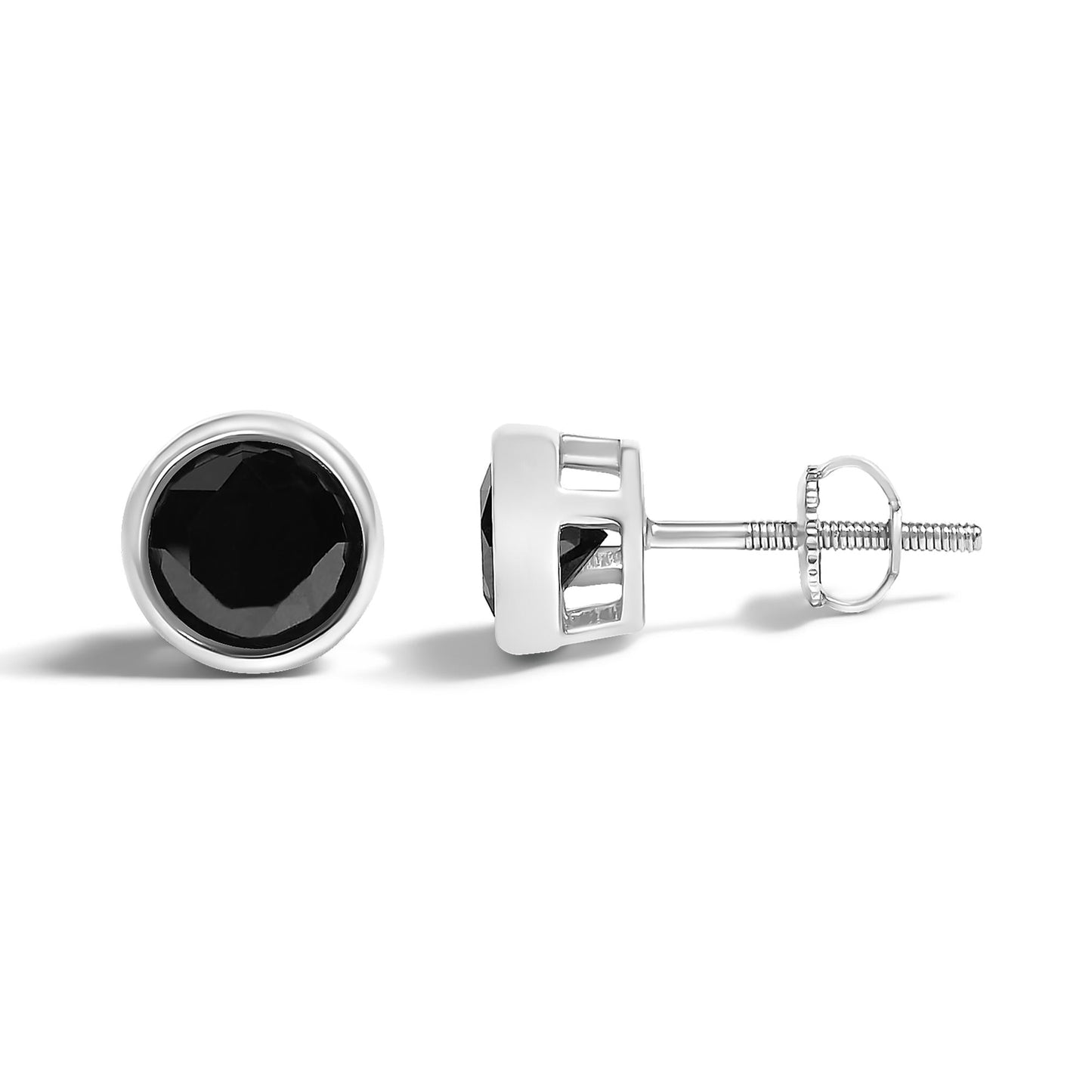 .925 Sterling Silver Round Brilliant-Cut Black Diamond Bezel-Set Stud Earrings with Screw Backs (Fancy Color-Enhanced, I2-I3 Clarity)