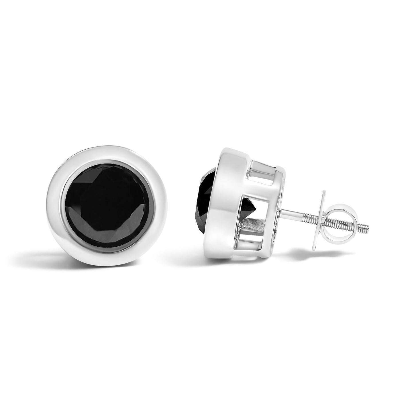 .925 Sterling Silver Round Brilliant-Cut Black Diamond Bezel-Set Stud Earrings with Screw Backs (Fancy Color-Enhanced, I2-I3 Clarity)