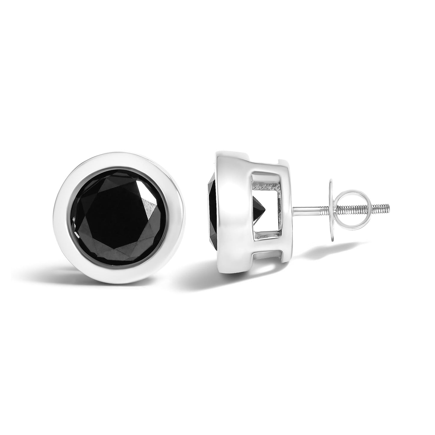 .925 Sterling Silver Round Brilliant-Cut Black Diamond Bezel-Set Stud Earrings with Screw Backs (Fancy Color-Enhanced, I2-I3 Clarity)