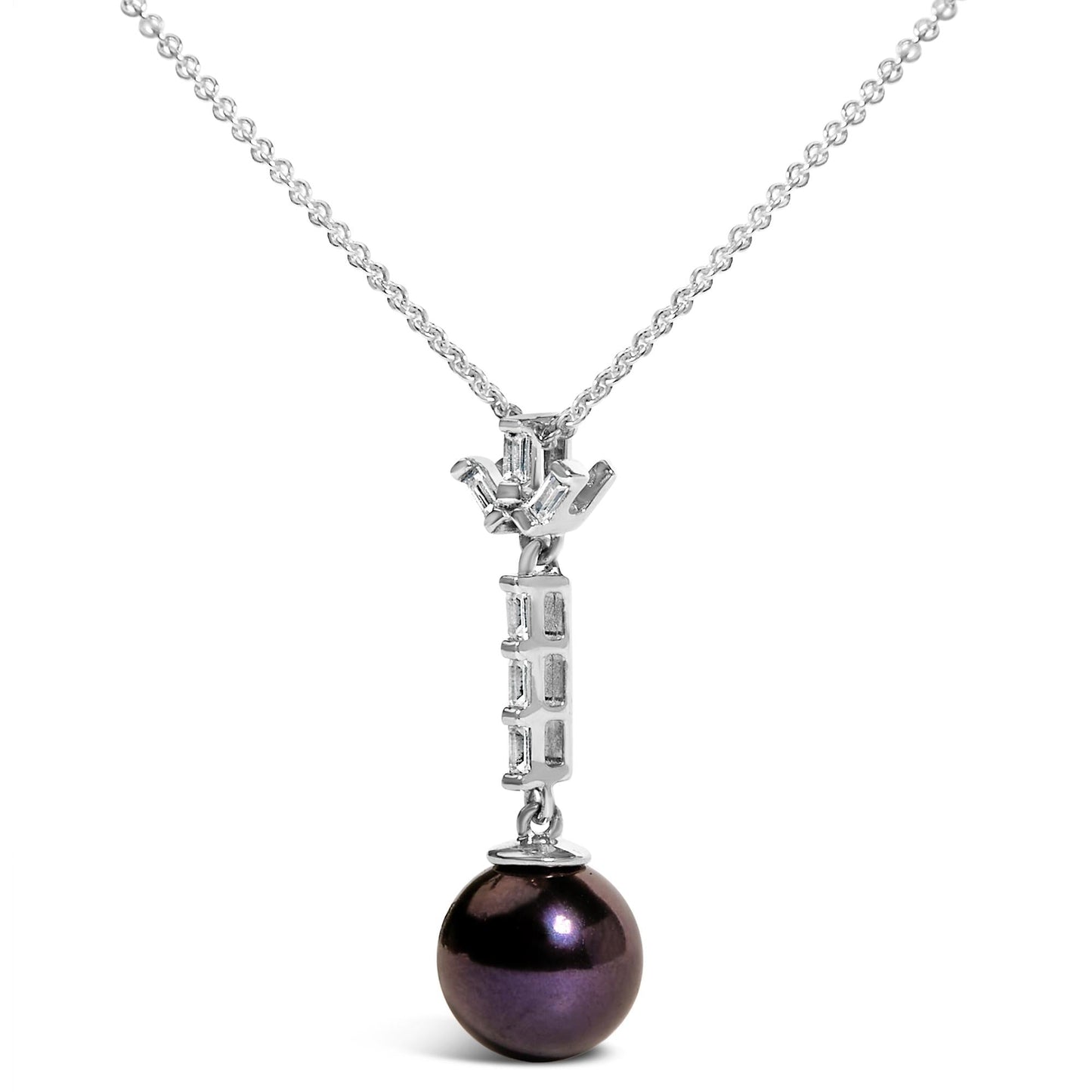 .925 Sterling Silver 8mm Black Pearl and Created White Sapphire Pendant Pendant Necklace