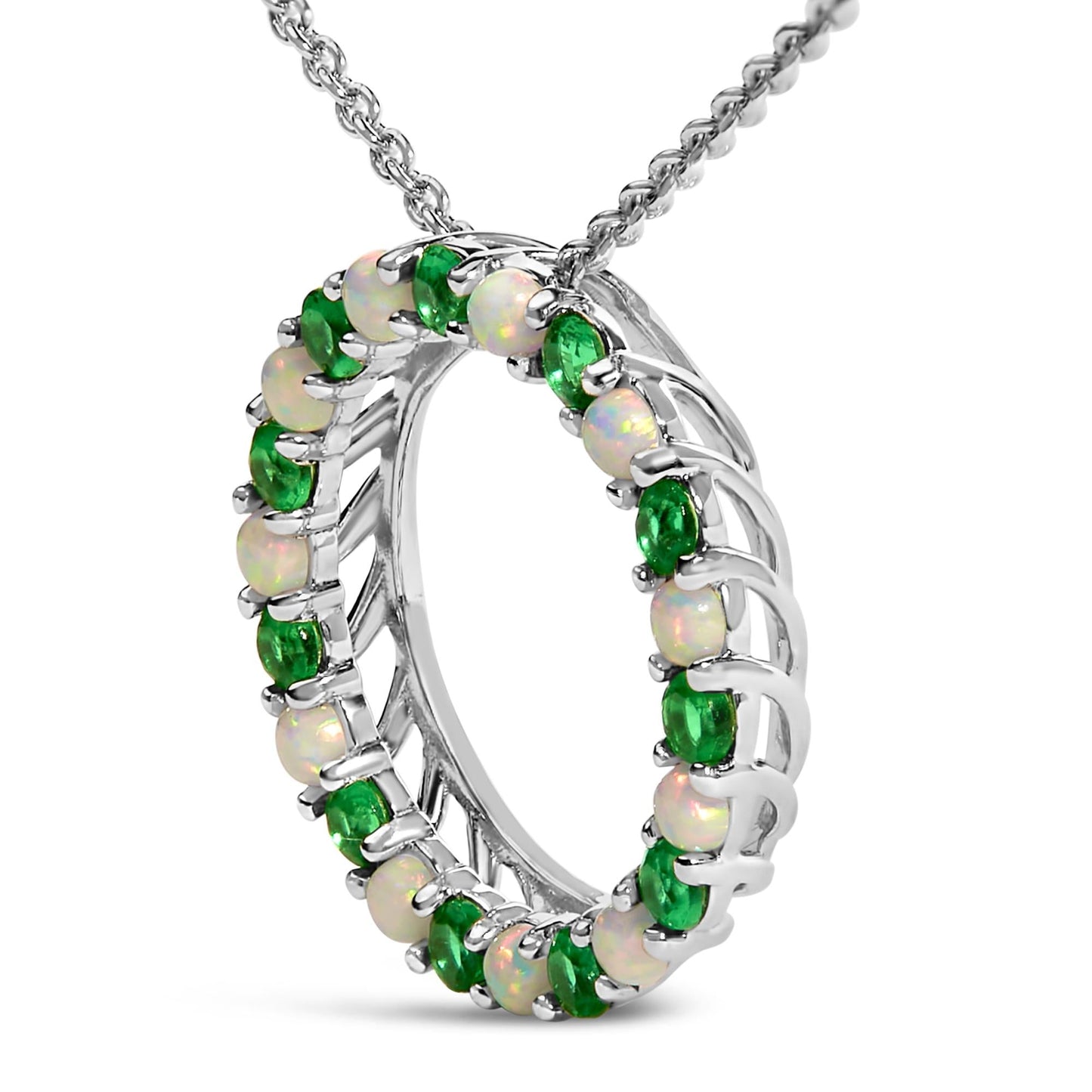 .925 Sterling Silver Alternating Created Green Emerald and Opal Circle Pendant Necklace