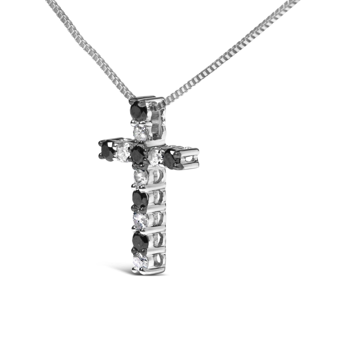 .925 Sterling Silver 1/2 Cttw Alternating Black and White Diamond Cross Pendant Necklace  (Treated Black and H-I Color, I3 Clarity) - 18"