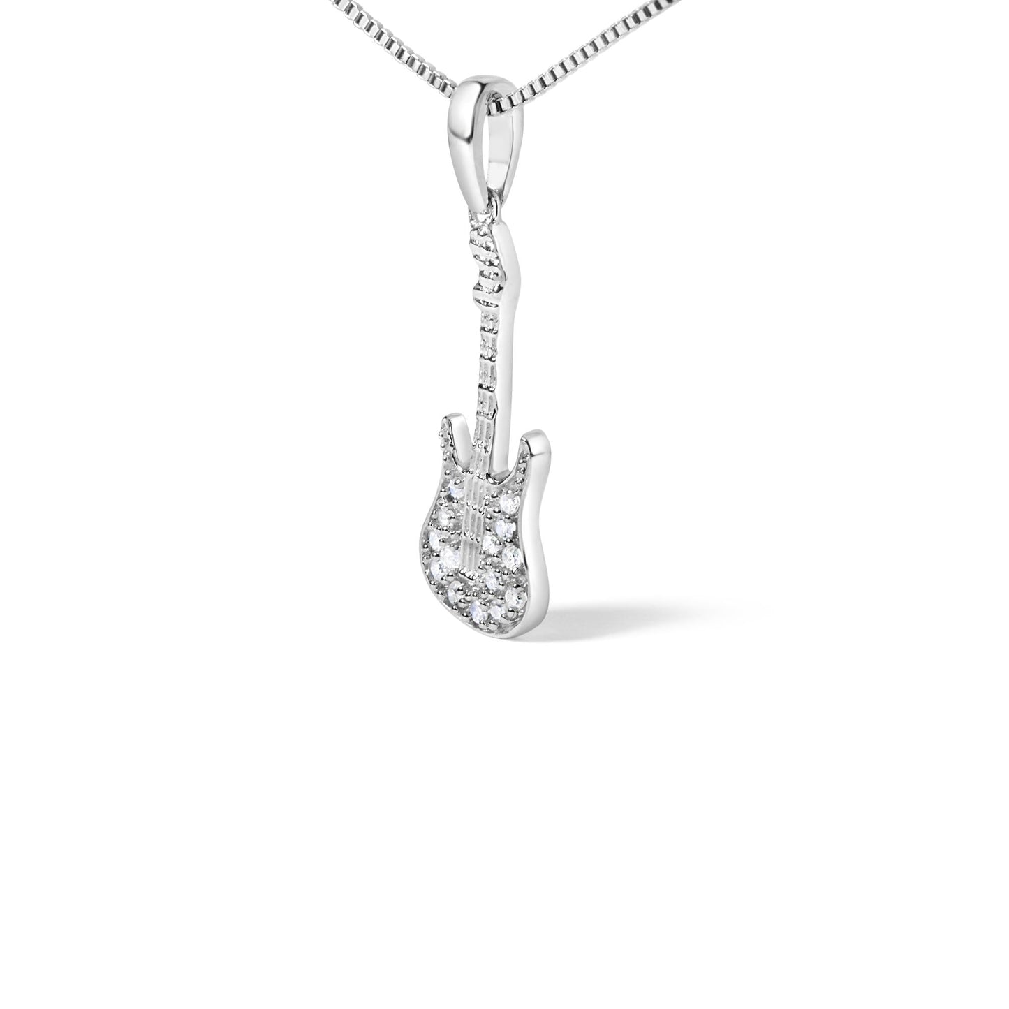 .925 Sterling Silver 1/10 Cttw Diamond Studded Guitar Pendant Necklace (I-J Color, I2-I3 Clarity) - 18" Inches