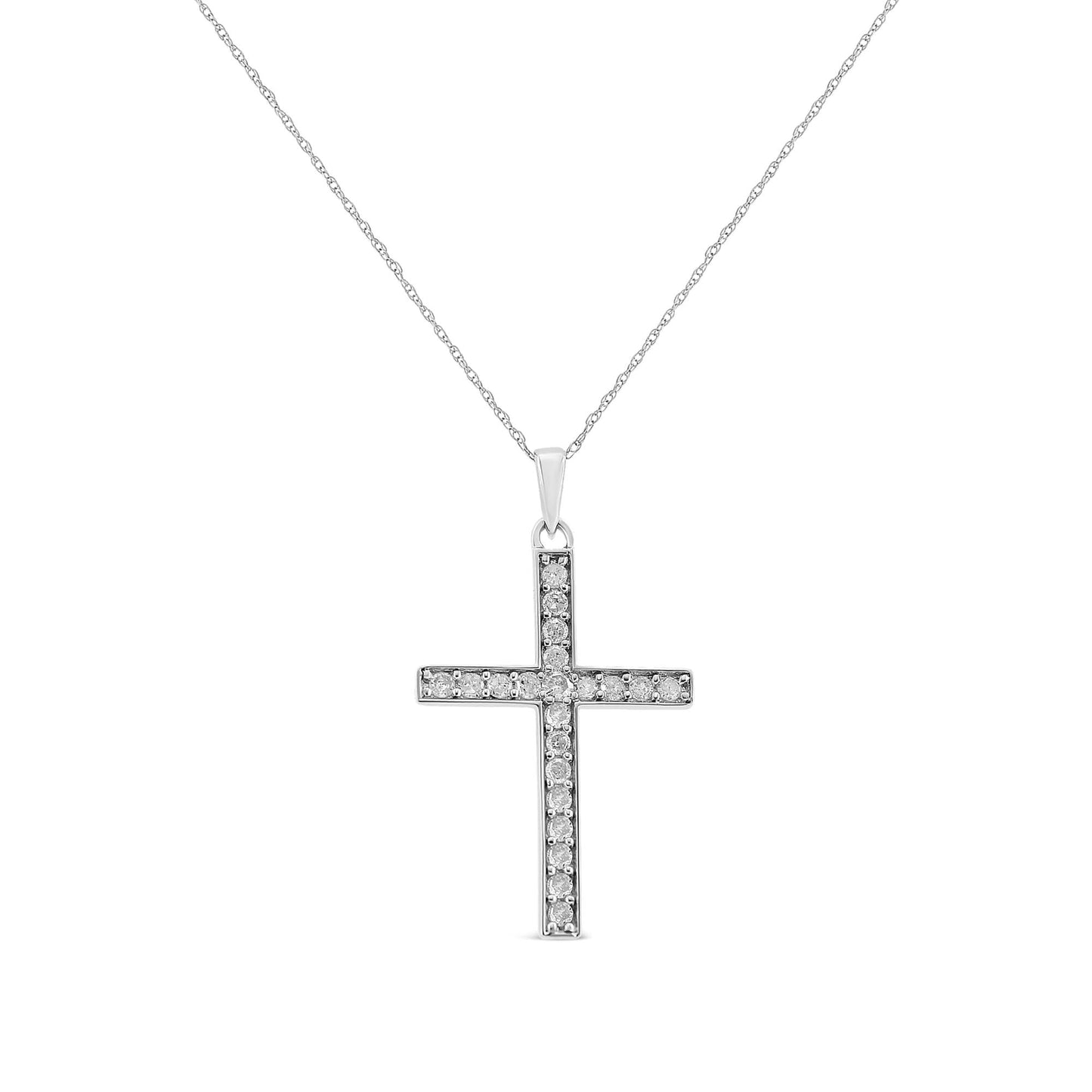 .925 Sterling Silver 3/8 Cttw Round-Cut Diamond Cross 18" Pendant Necklace (I-J Color, I2-I3 Clarity)