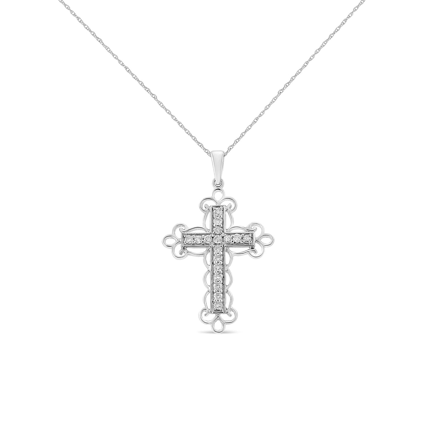 .925 Sterling Silver 1/4 Cttw Round Cut Diamond Art Deco Style Cross 18" Pendant Necklace (J-K Color, I2-I3 Clarity)