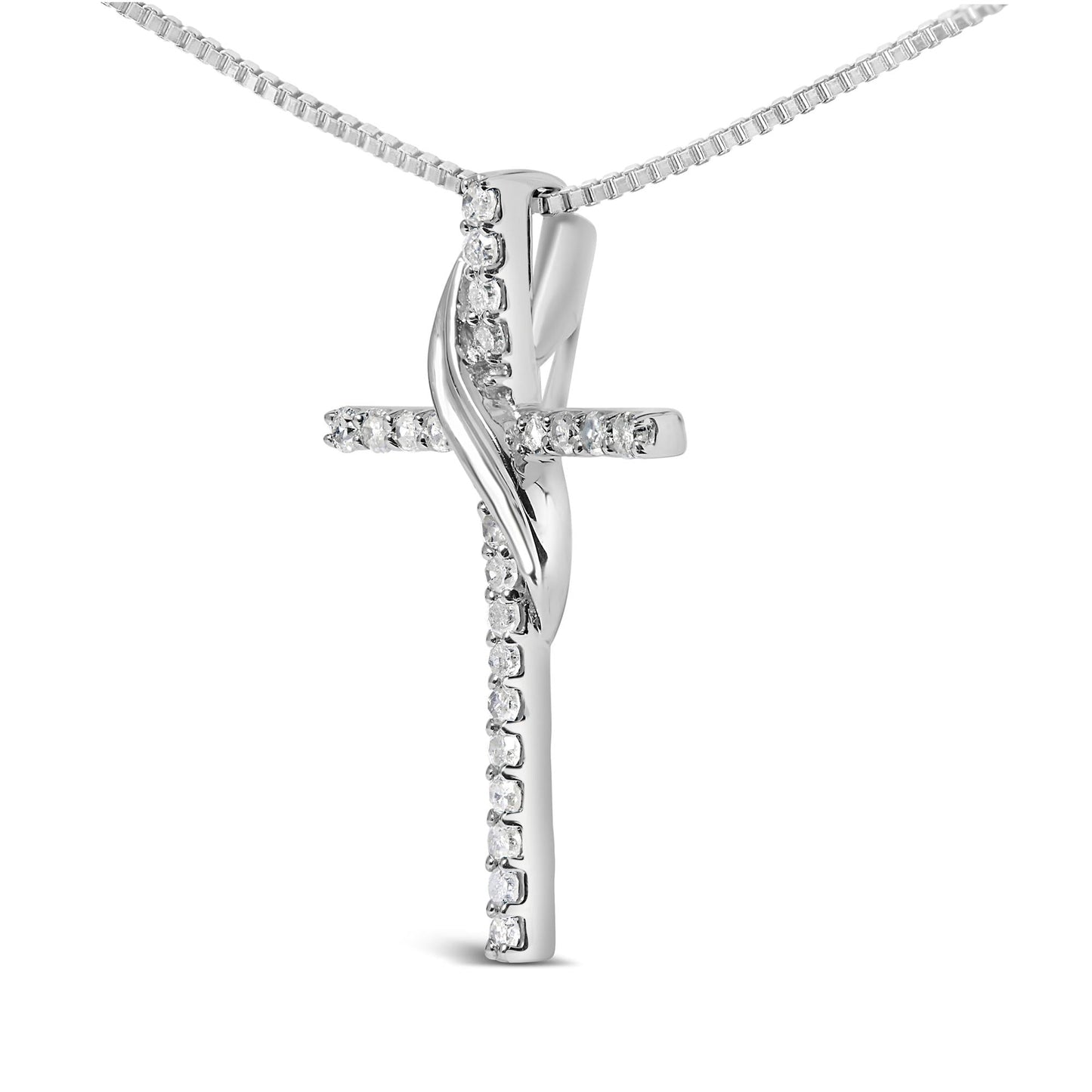 .925 Sterling Silver 1/4 Cttw Diamond Ribbon Swirl over Cross Pendant Necklace (H-I Color, I2-I3 Clarity) - 18" Inches