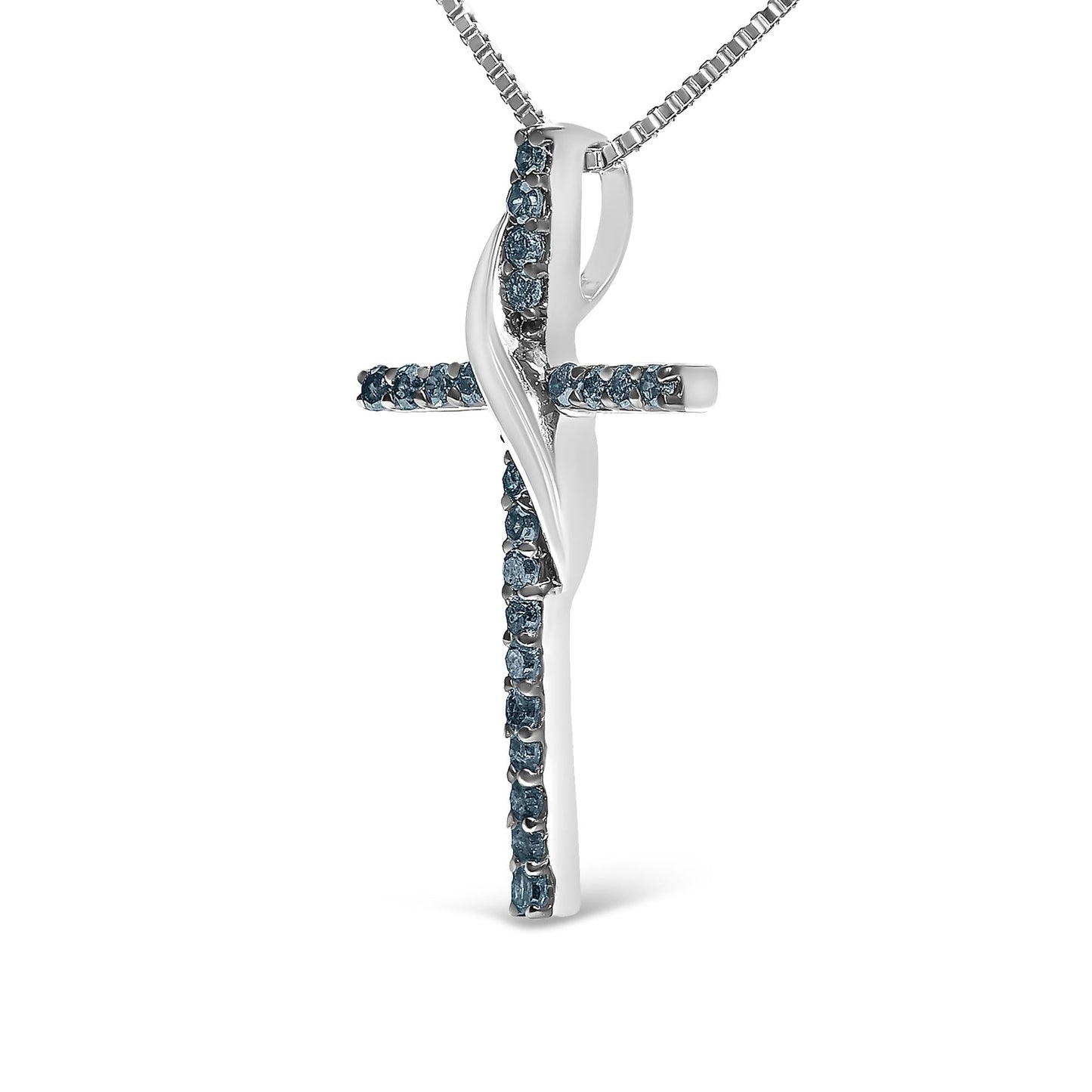 .925 Sterling Silver 1/4 Cttw Blue Diamond Ribbon Swirl over Cross Pendant Necklace (Blue Color, I2-I3 Clarity) - 18" Inches