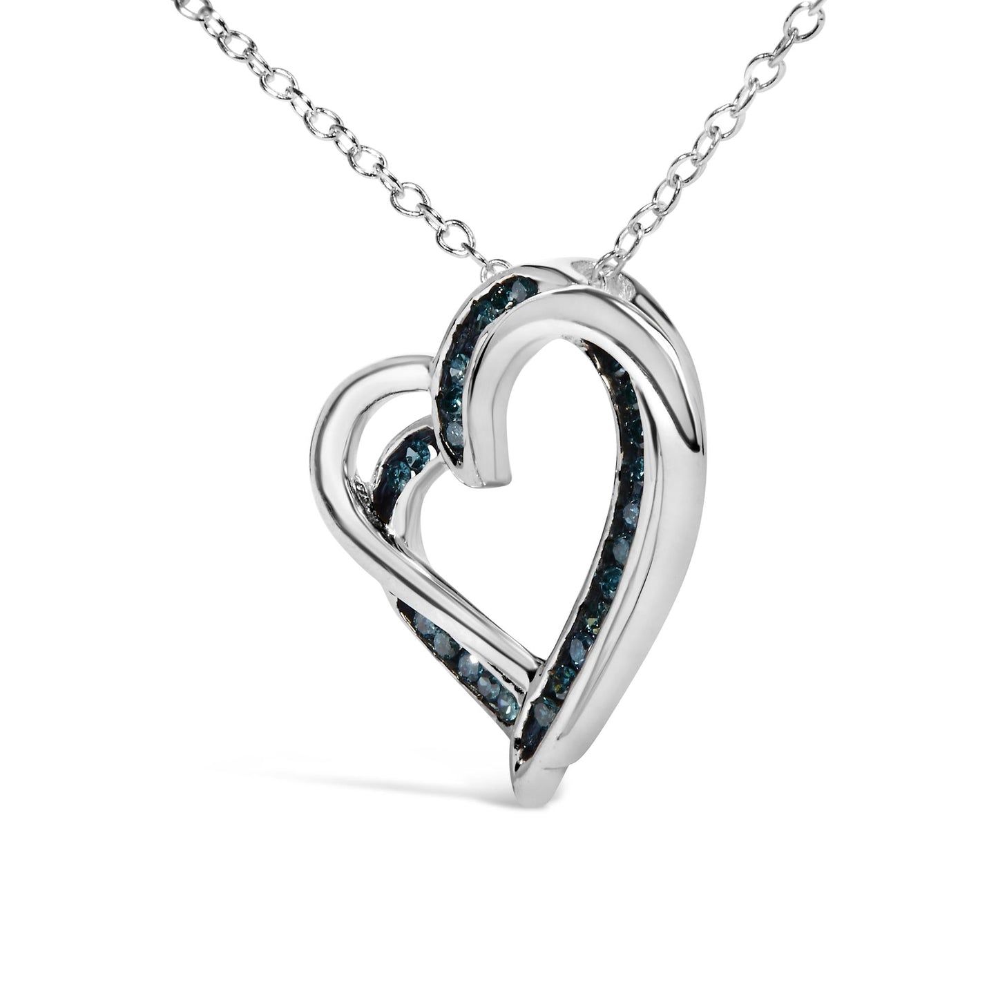 925 Sterling Silver 1/10 Cttw Treated Blue Diamond Double Heart 18" Pendant Necklace (Blue Color, I2-I3 Clarity)