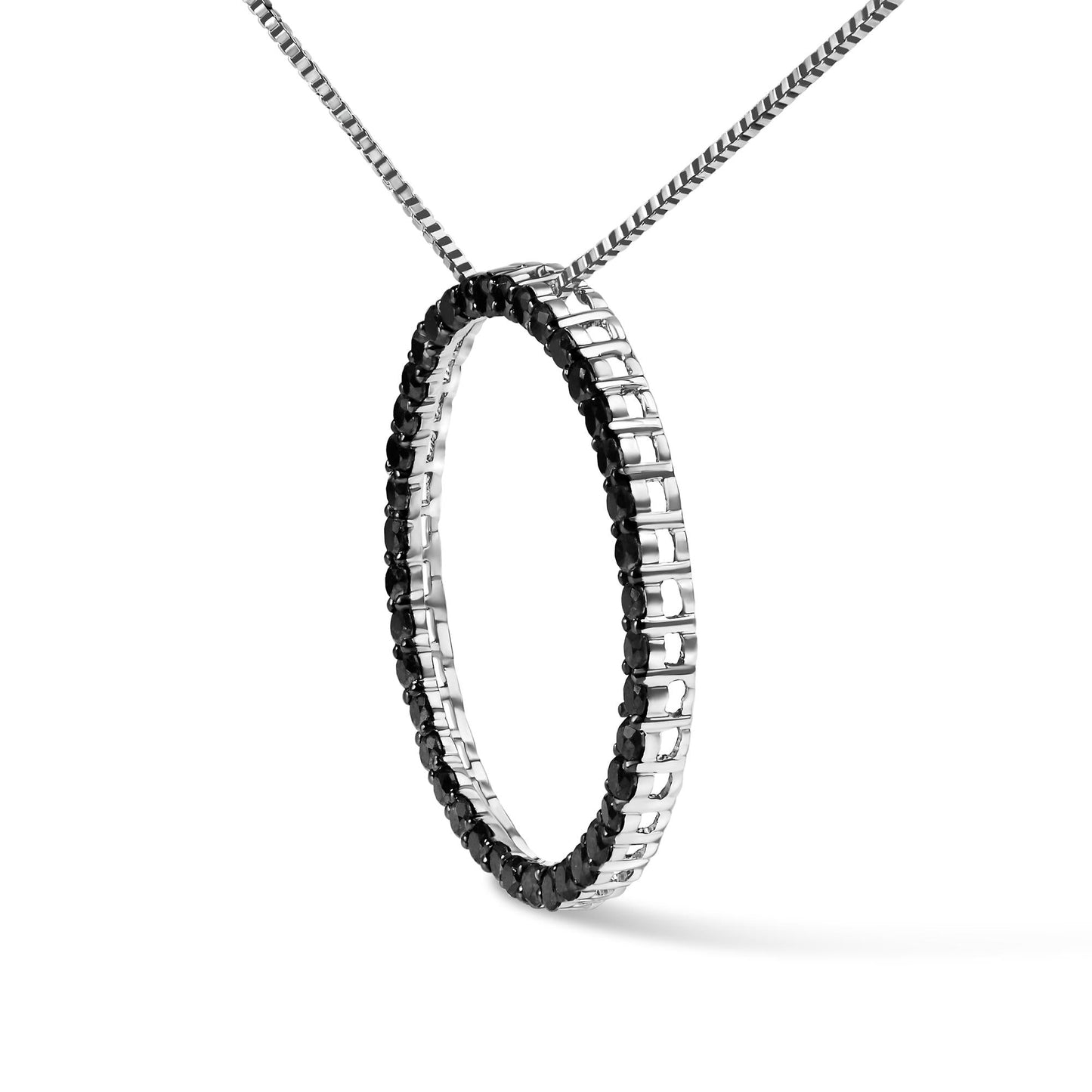 .925 Sterling Silver Black Diamond Open Hoop Circle 18" Pendant Necklace (Black Color, I2-I3 Clarity)