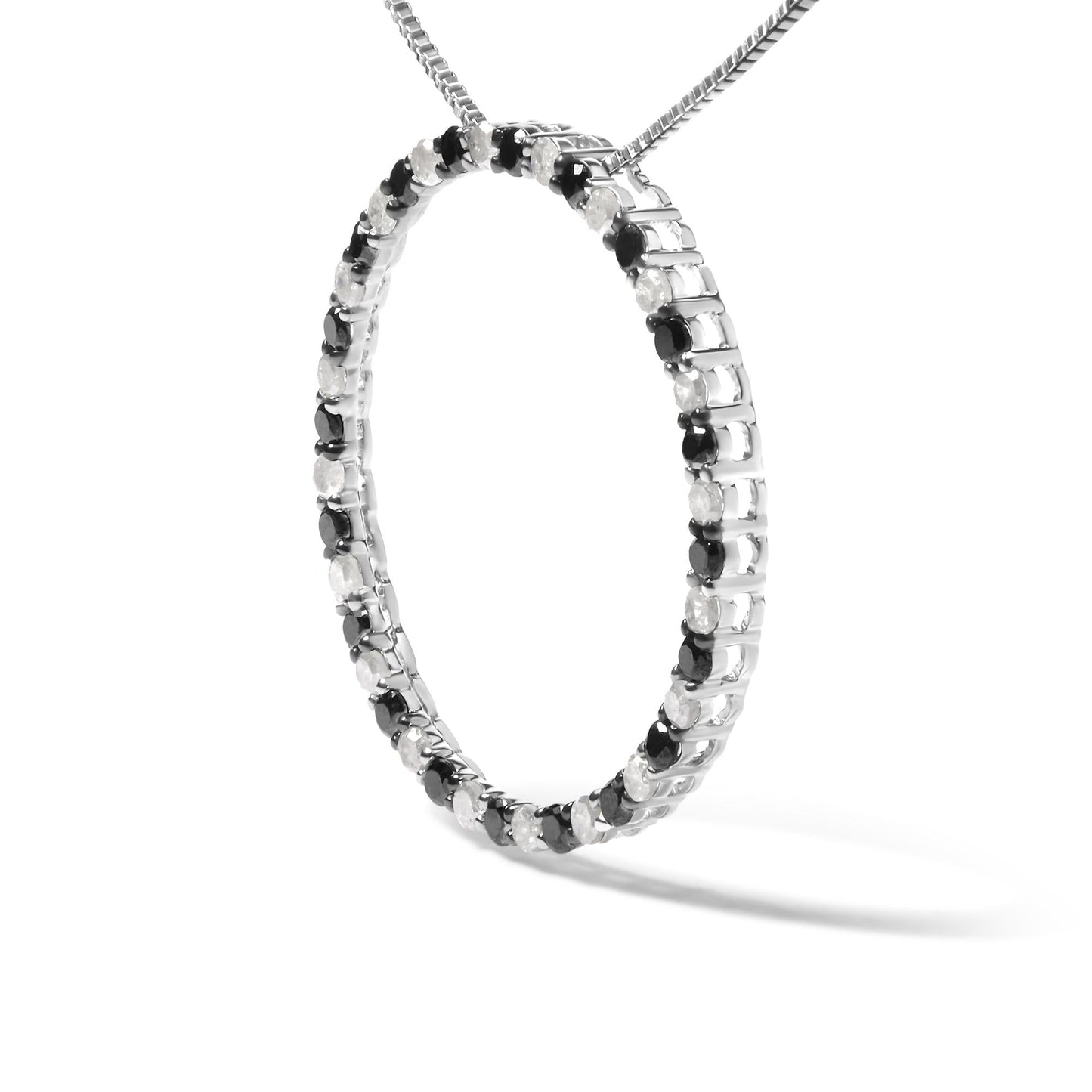 .925 Sterling Silver 1.0 Cttw Alternating Black and White Diamond Open Hoop Circle Pendant Necklace - 18" Inches