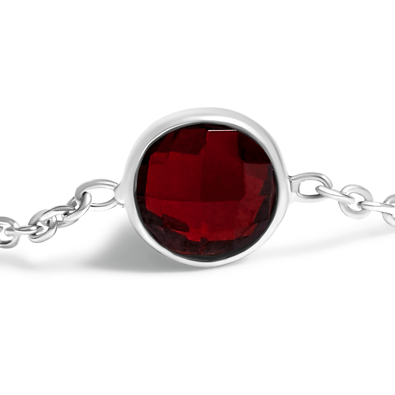 .925 Sterling Silver Checkerboard Cut Red Garnet Bezel Station Necklace - 22" Inches