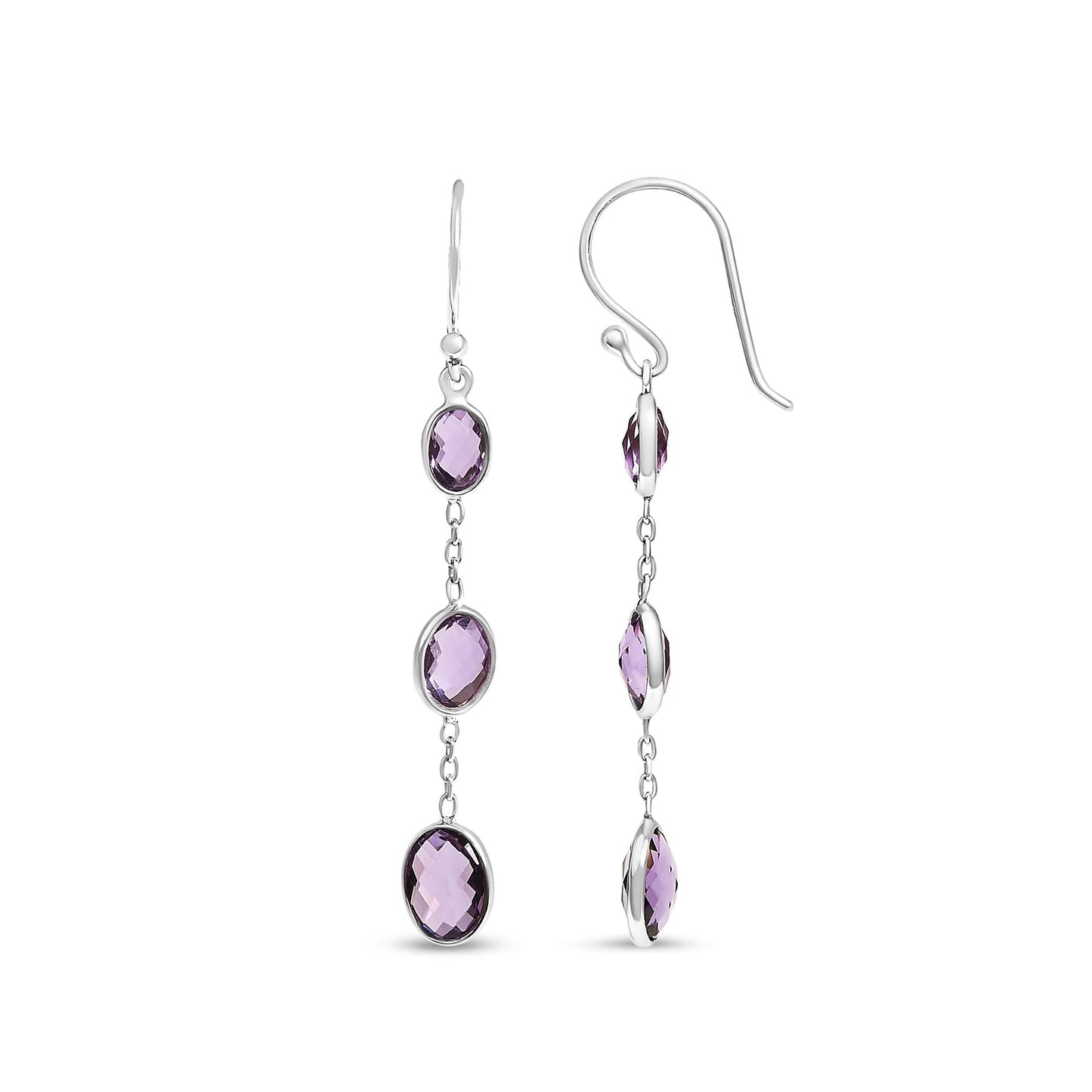 .925 Sterling Silver Checkerboard Cut Oval Purple Amethyst 2" Inch Drop and Dangle Earrings