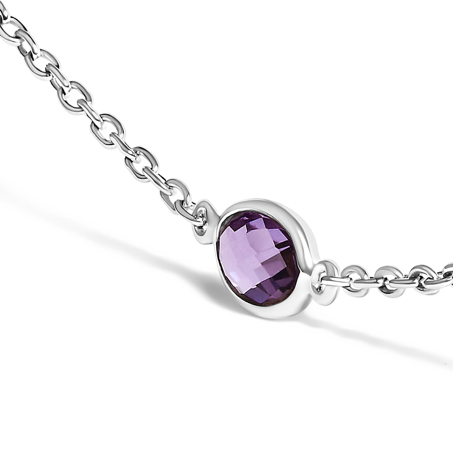 .925 Sterling Silver Checkerboard Cut Purple Amethyst Bezel Station Necklace - 22" Inches