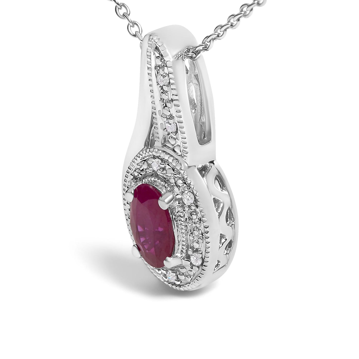.925 Sterling Silver Red Ruby and Diamond Accent Milgrain Swirl Pendant Necklace - 18" Inches