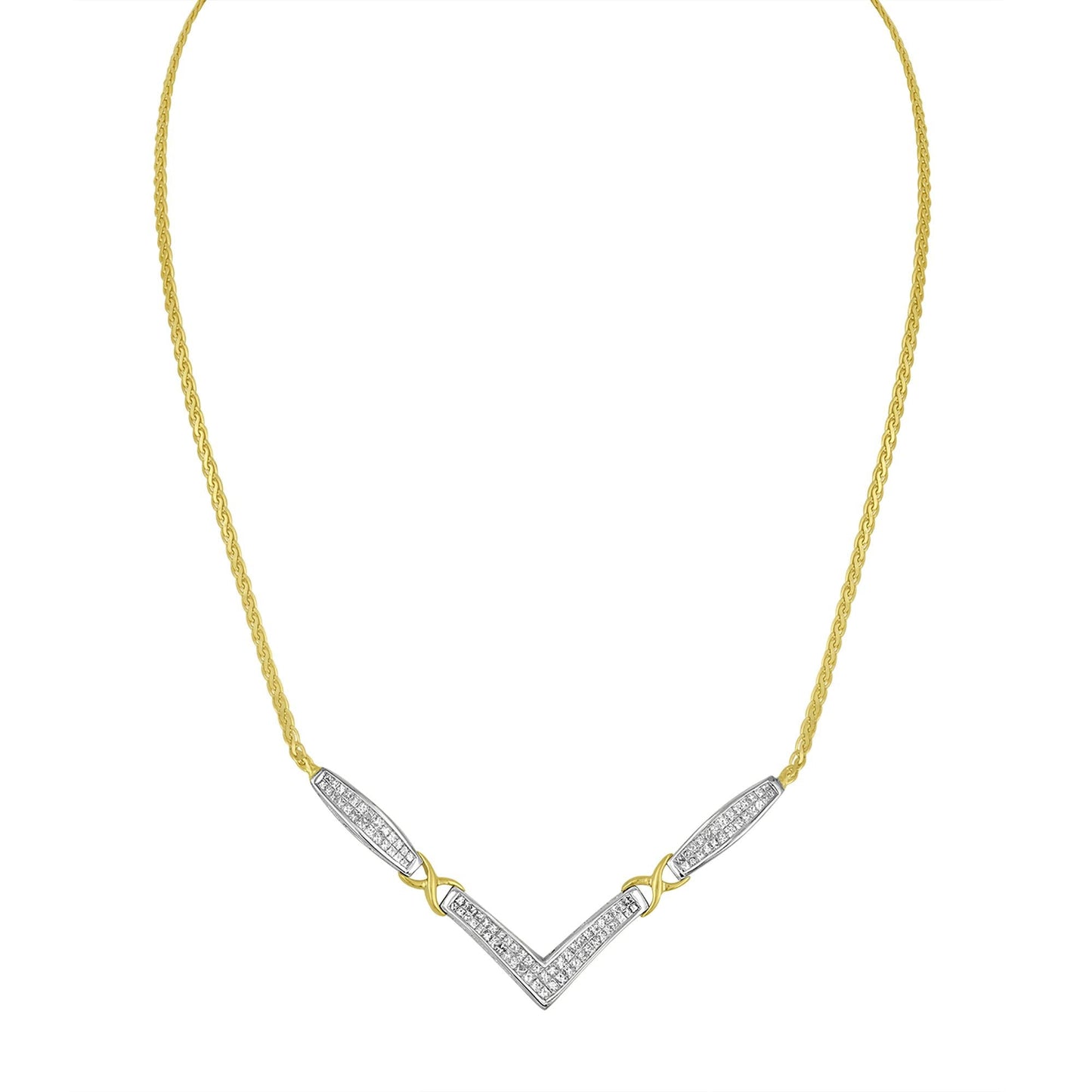 14K Yellow and White Gold 2.0 Cttw Princess Cut Diamond Flared and X-Station V Shaped 18” Franco Chain Statement Necklace (H-I Color, SI2-I1 Clarity)