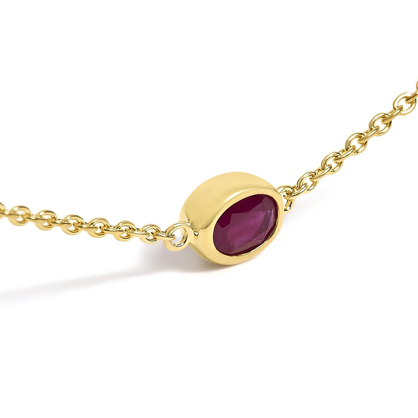 14K Yellow Gold Bezel Set 4x3 mm Oval Red Ruby Station Necklace - 18 Inches