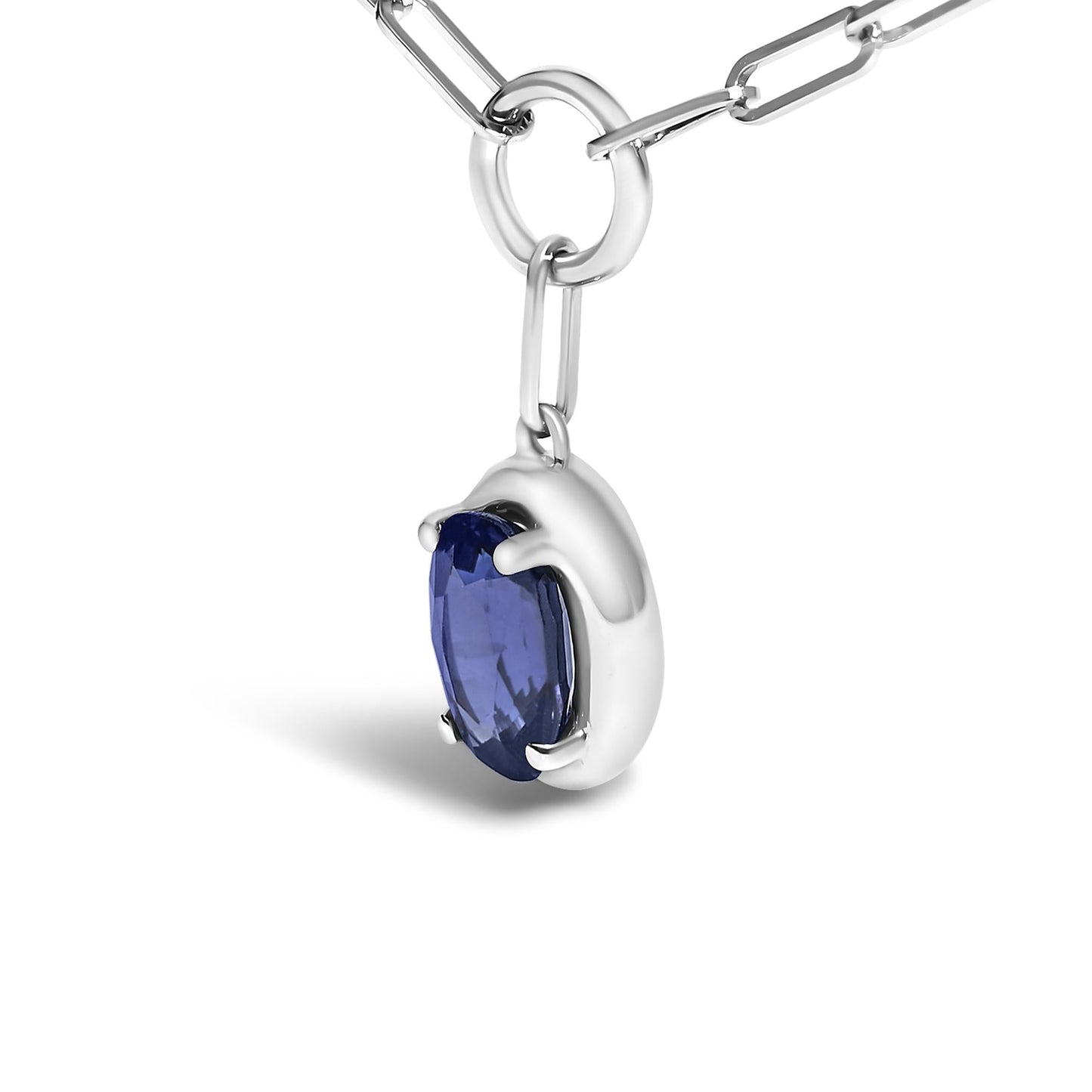 10K White Gold 6x4 mm Oval Blue Sapphire Solitaire Paperclip Pendant Necklace - 18" Inches