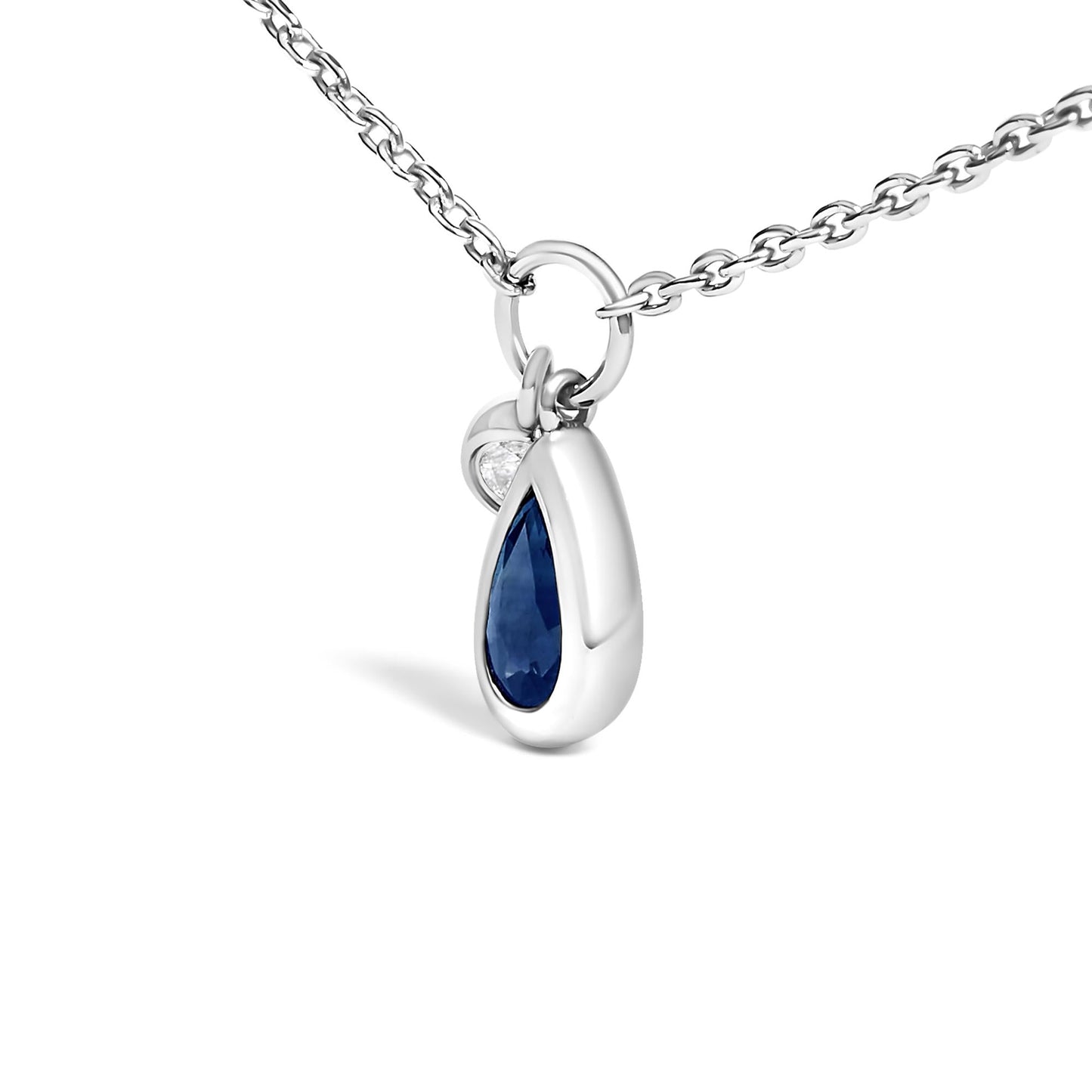 10K White Gold 6x4 mm Pear Blue Sapphire and Diamond  Accent Charm Pendant Necklace - 18" Inches