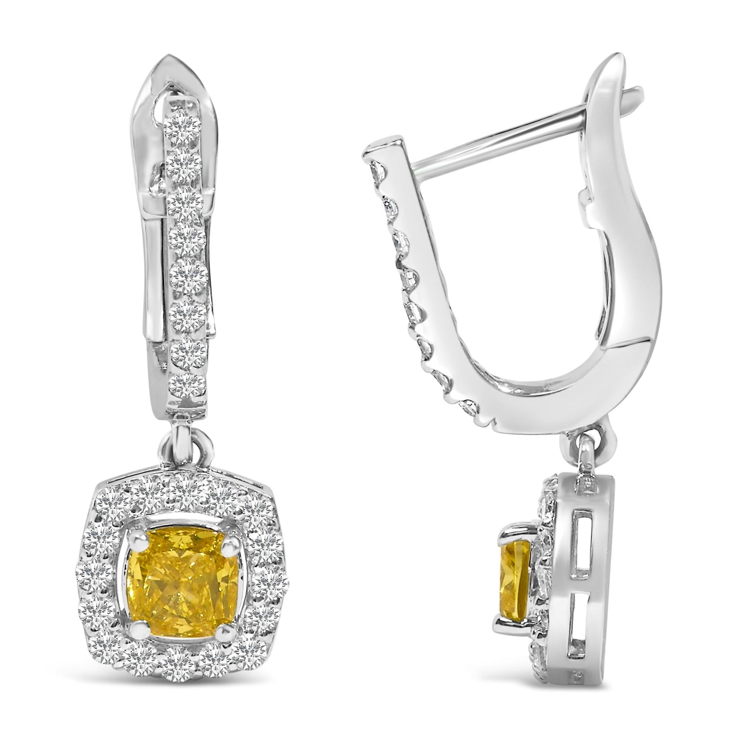 14K White Gold 1 1/5 Cttw Yellow Lab Grown Diamond Halo Drop and Dangle Earrings
