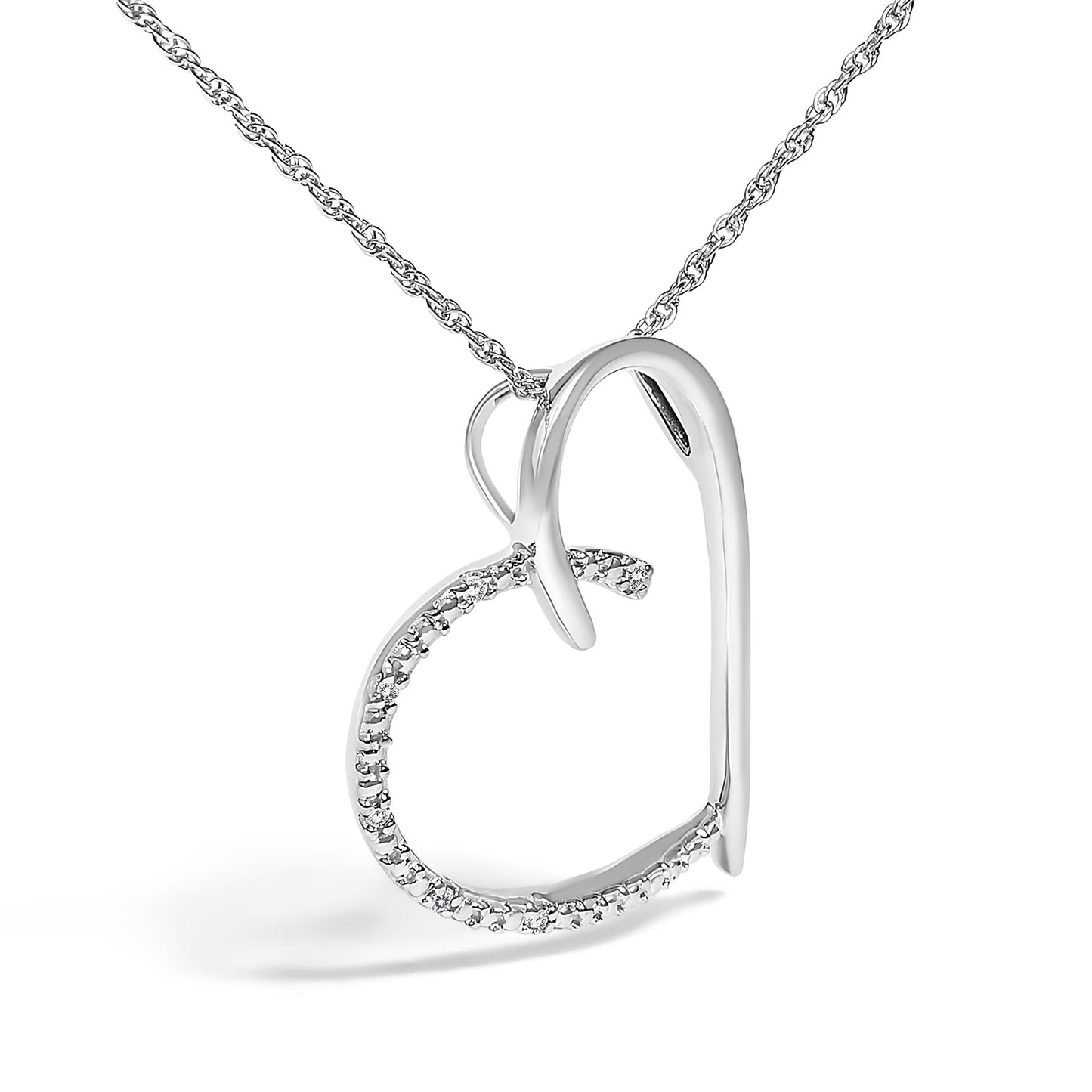 .925 Sterling Silver Diamond Accent Open Heart Slide Pendant Necklace (J-K Color, I2-I3 Clarity) - 18" Inches