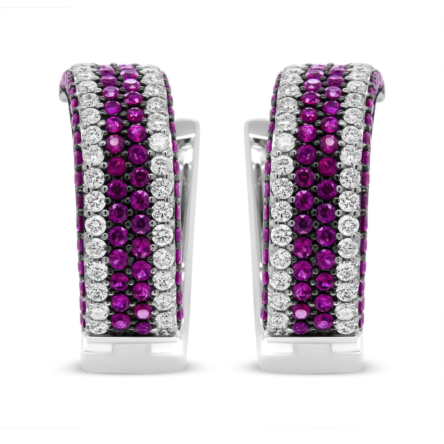 18K White Gold 1 7/8 Cttw Diamond and 1mm Round Red Ruby Open Swish Hoop Earrings (F-G Color, VS1-VS2 Clarity)