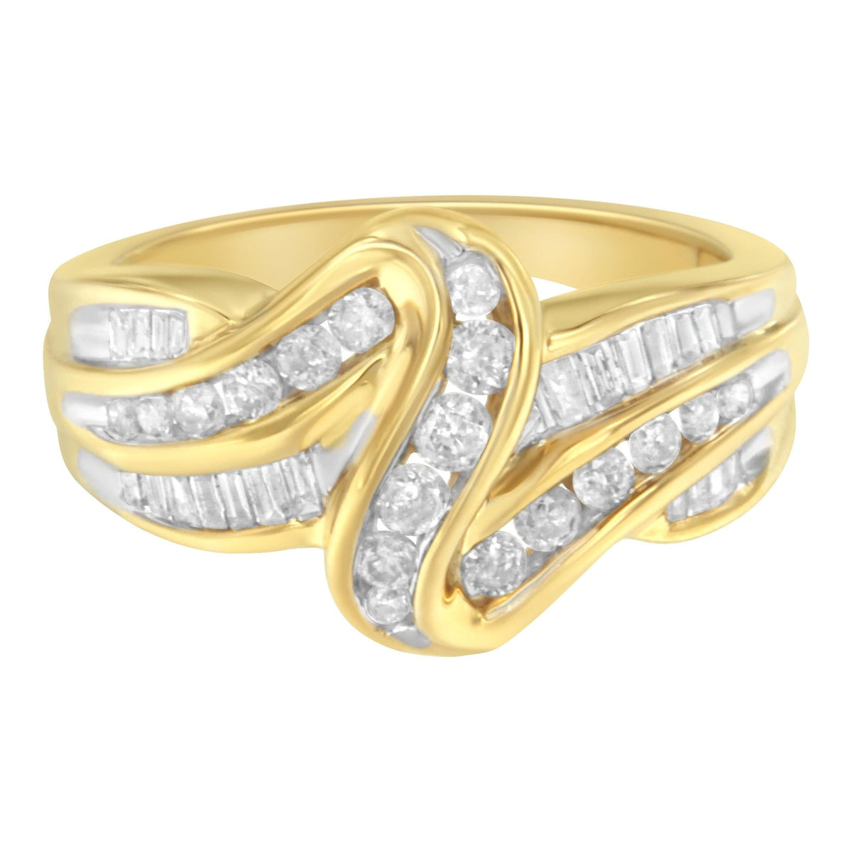10K Yellow Gold 3/4 Cttw Channel Set Round and Baguette-cut Diamond Double Shank Bypass Ring (J-K Color, I1-I2 Clarity) - JackiEaslick