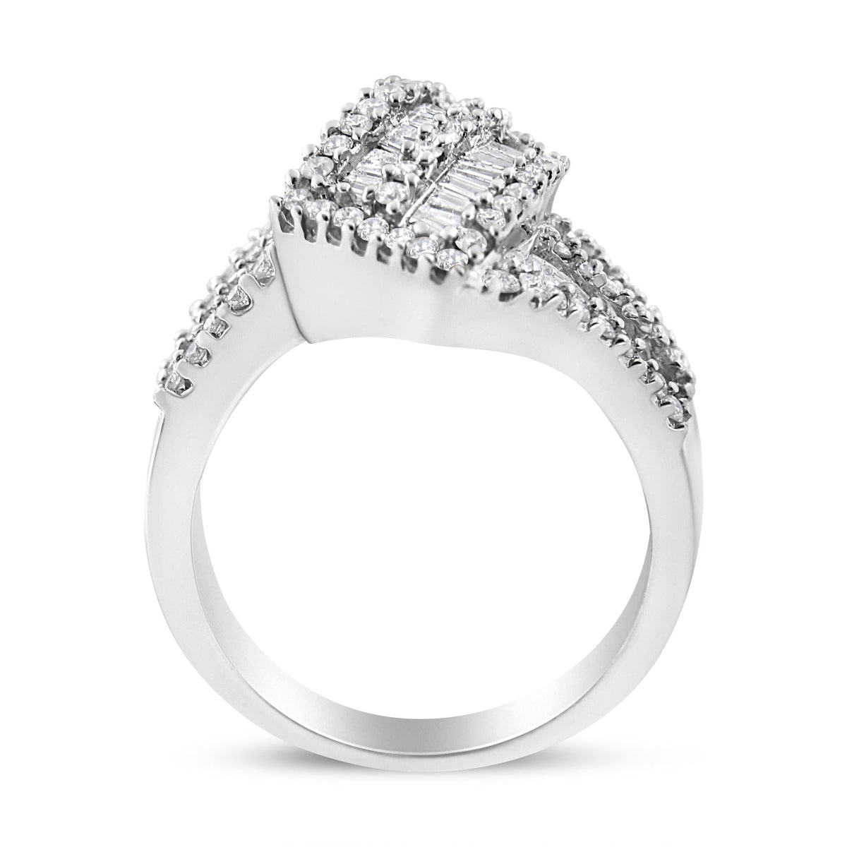 14K White Gold 1-1/2 Cttw Round and Baguette Diamond Bypass Cocktail Ring Band (H-I Color, SI1-SI2 Clarity) - JackiEaslick