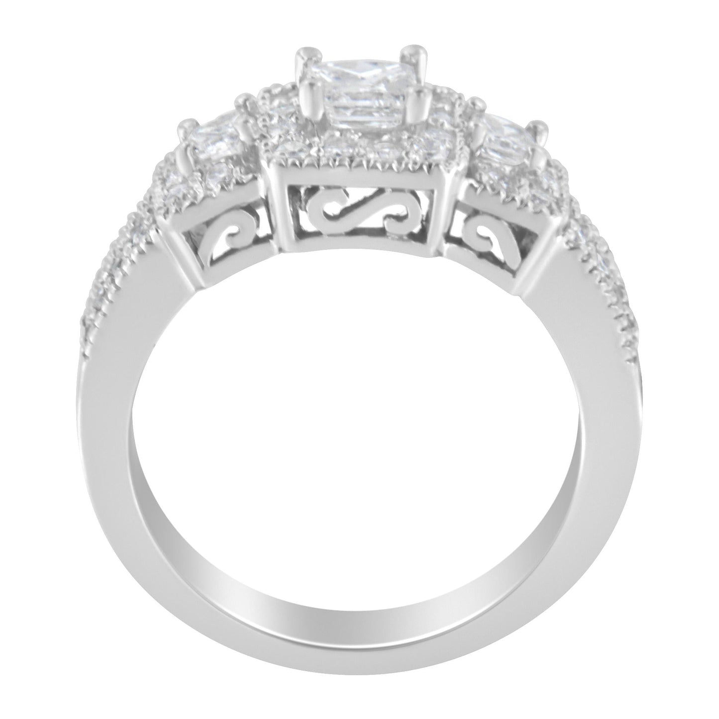 14K White Gold Round and Princess-Cut Diamond Three Stone Ring (1 Cttw, H-I Color, I1-I2 Clarity)