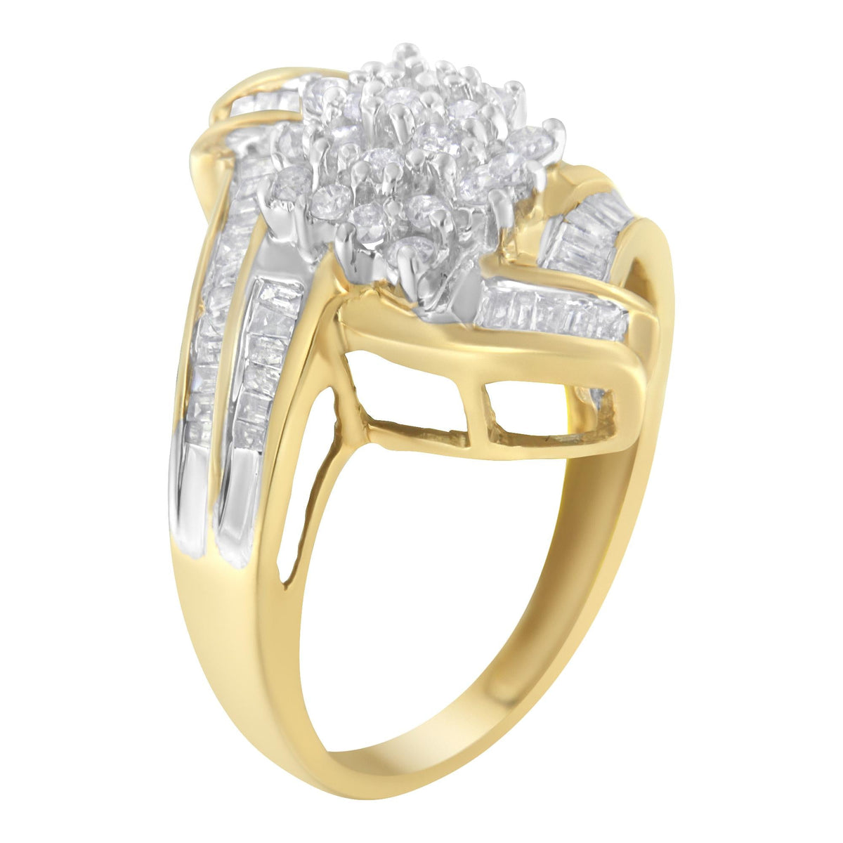 10K Yellow Gold Round and Baguette-Cut Diamond Bypass Cluster Ring (1.0 Cttw, I-J Color, I1-I2 Clarity) - JackiEaslick